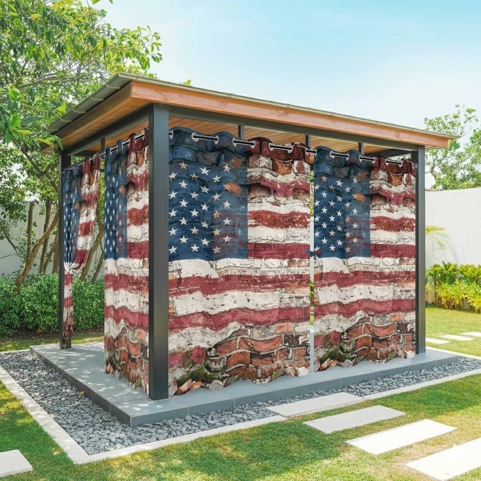 Independence Day Outdoor Curtains for Patio, Retro American Flag Star Brick Wall Stripes Sunshade Privacy Drapes Grommet Waterproof Outside Curtains for Porch/Cabana/Balcony 54"x 108", 1 Panel