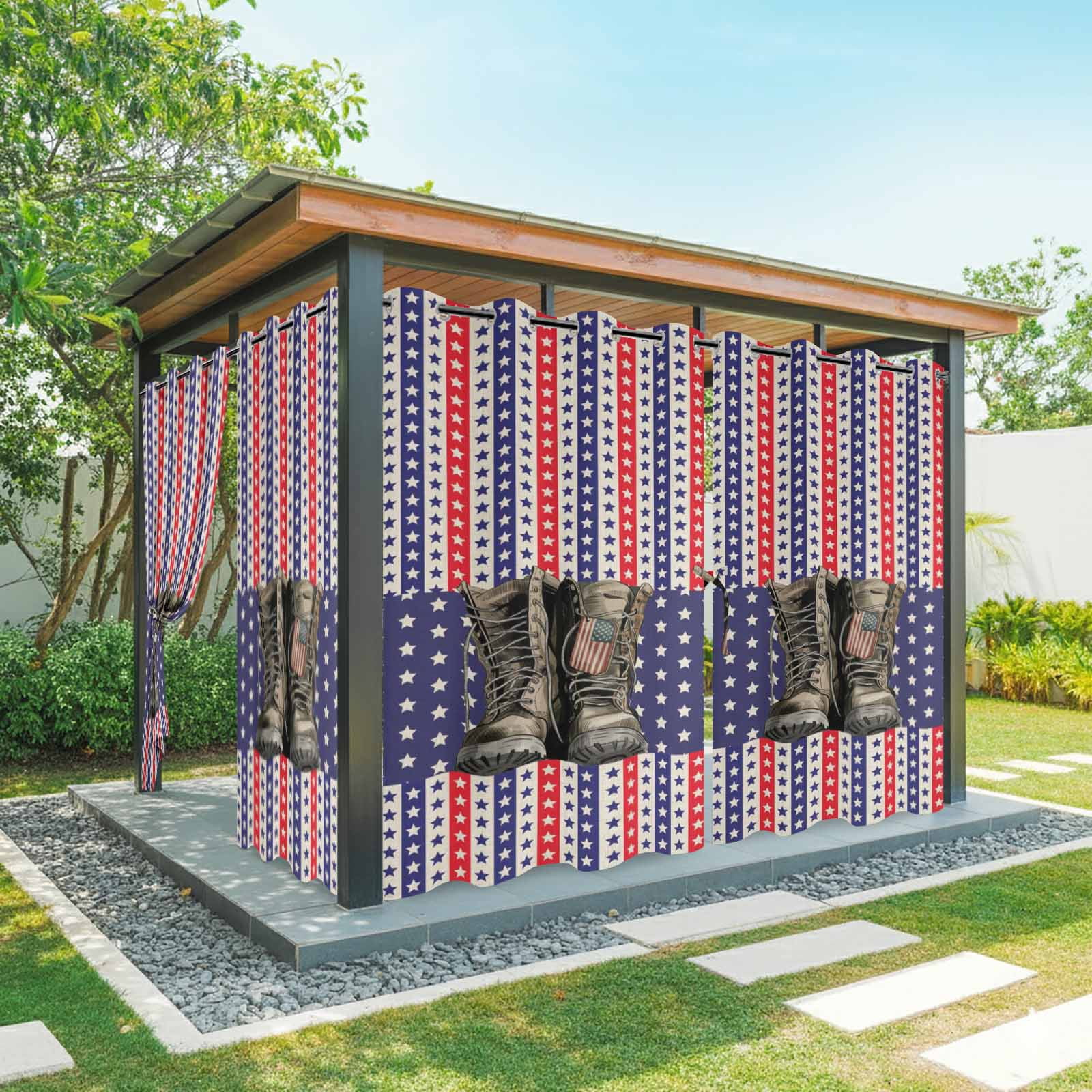 Independence Day Outdoor Curtains for Patio, Retro Boots American Red Blue Stripe Stars Sunshade Privacy Drapes Grommet Waterproof Outside Curtains for Porch/Cabana/Balcony 54"x 108", 1 Panel