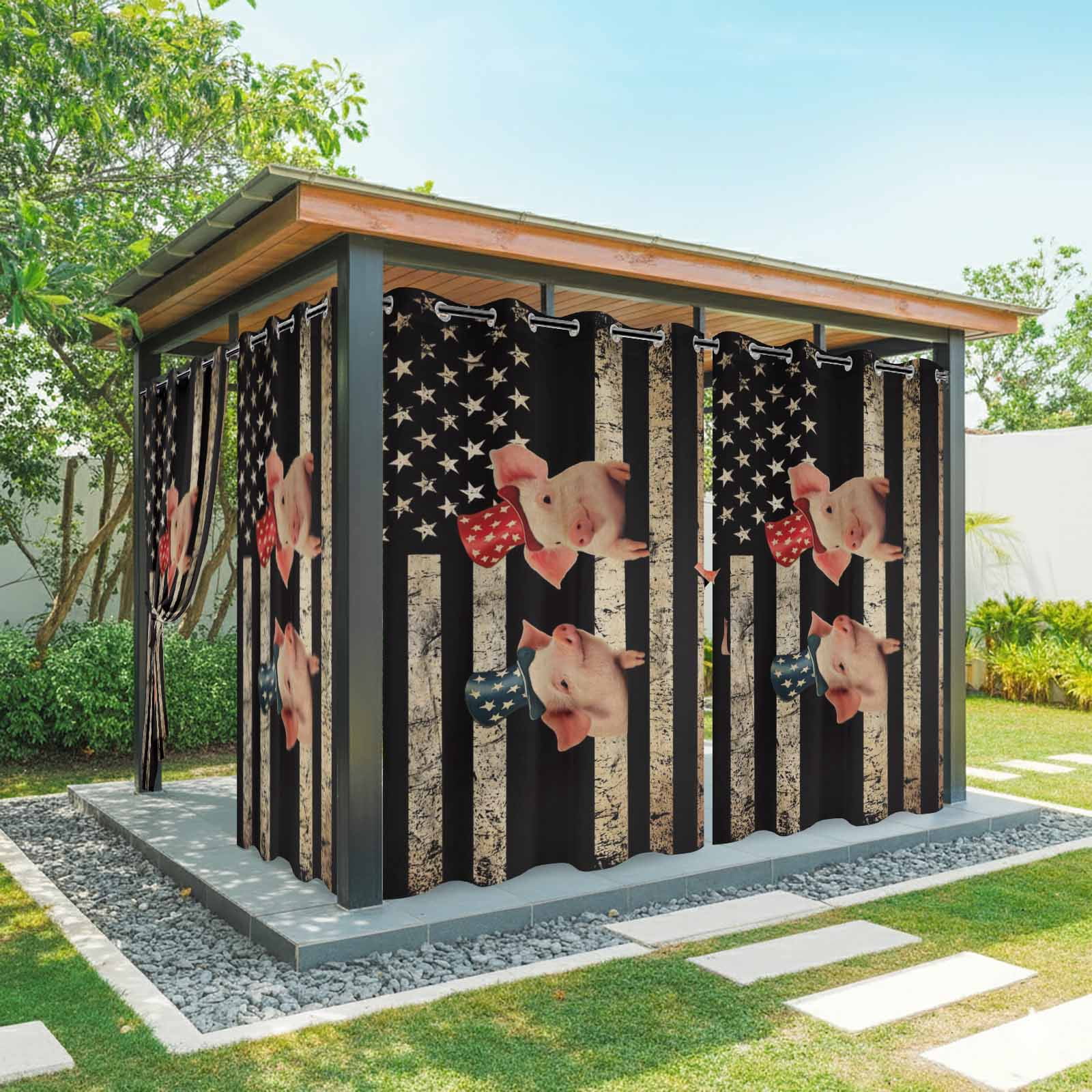 Independence Day Outdoor Curtains for Patio, Retro Five-Pointed Star U.S. Flag Farm Funny Pigs Sunshade Privacy Drapes Grommet Waterproof Outside Curtains for Porch/Cabana/Balcony 54"x 108", 1 Panel