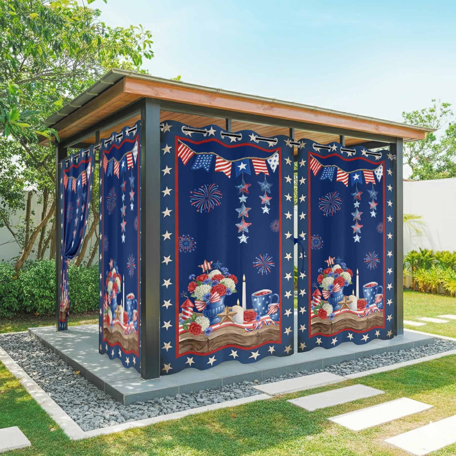 Independence Day Outdoor Curtains for Patio, Retro Red Blue USA Flag Floral Star Dark Blue Sunshade Privacy Drapes Grommet Waterproof Outside Curtains for Porch/Cabana/Balcony 54"x 108", 1 Panel