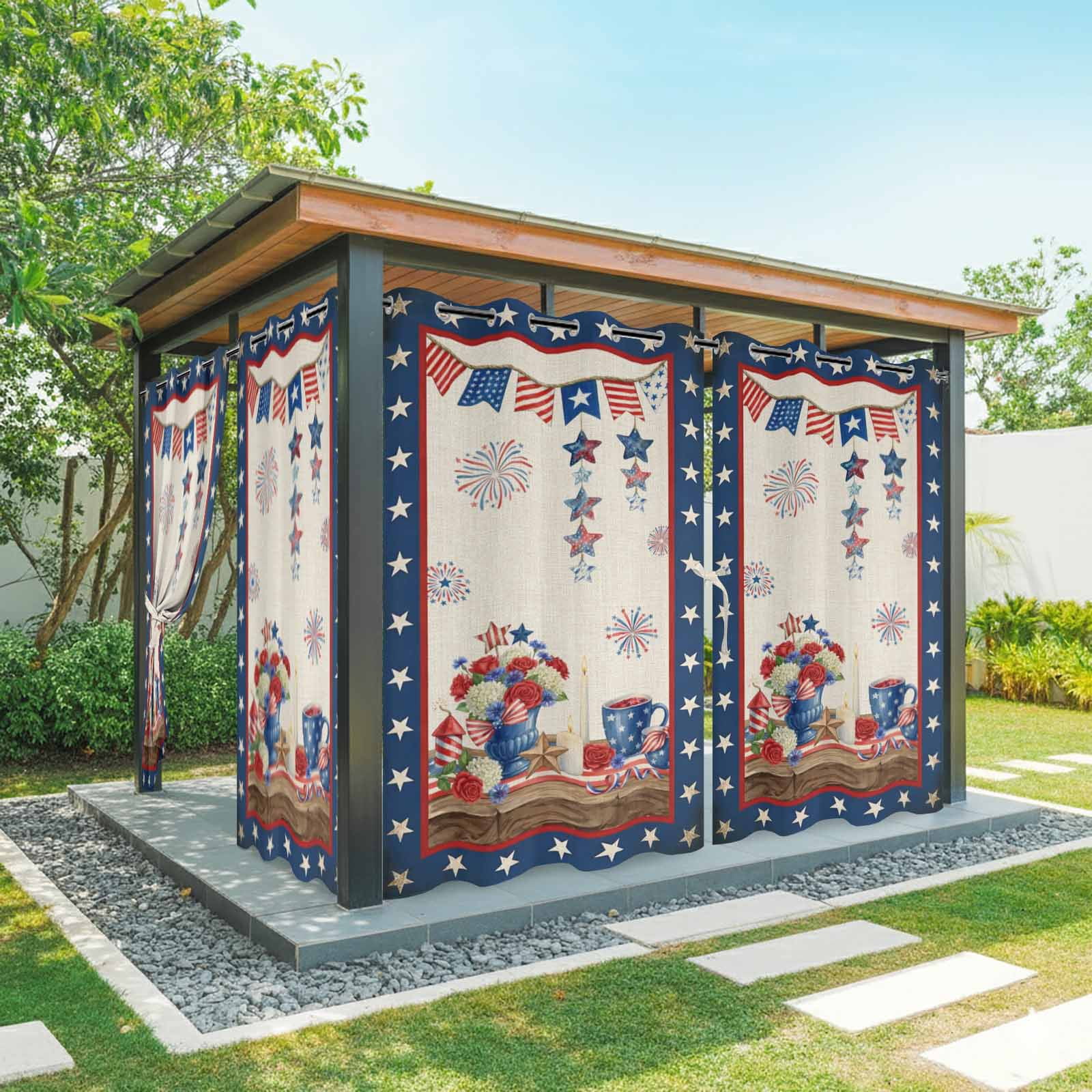 Independence Day Outdoor Curtains for Patio, Retro Red Blue USA Flag Floral Star Linen Texture Sunshade Privacy Drapes Grommet Waterproof Outside Curtains for Porch/Cabana/Balcony 54"x 108", 1 Panel