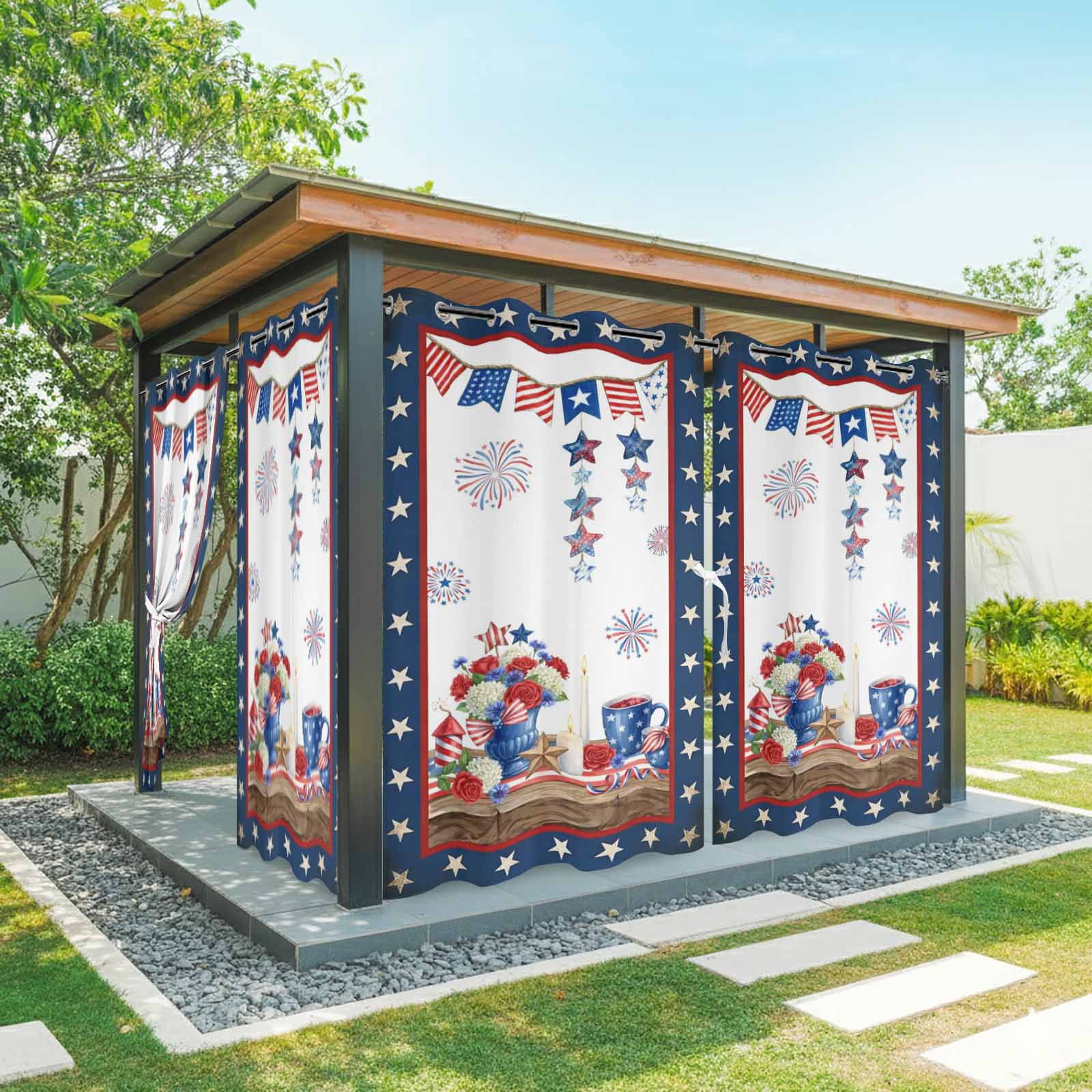 Independence Day Outdoor Curtains for Patio, Retro Red Blue USA Flag Floral Star Sunshade Privacy Drapes Grommet Waterproof Outside Curtains for Porch/Cabana/Balcony 54"x 108", 1 Panel