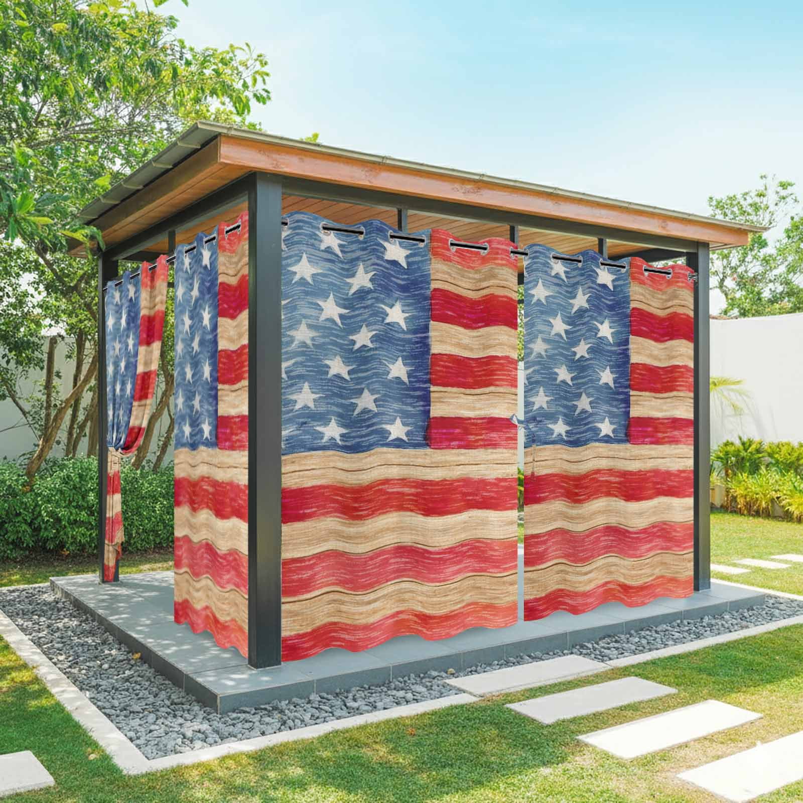 Independence Day Outdoor Curtains for Patio, Rustic Red Blue Flag Wood Stripes Sunshade Privacy Drapes Grommet Waterproof Outside Curtains for Porch/Cabana/Balcony 54"x 108", 1 Panel