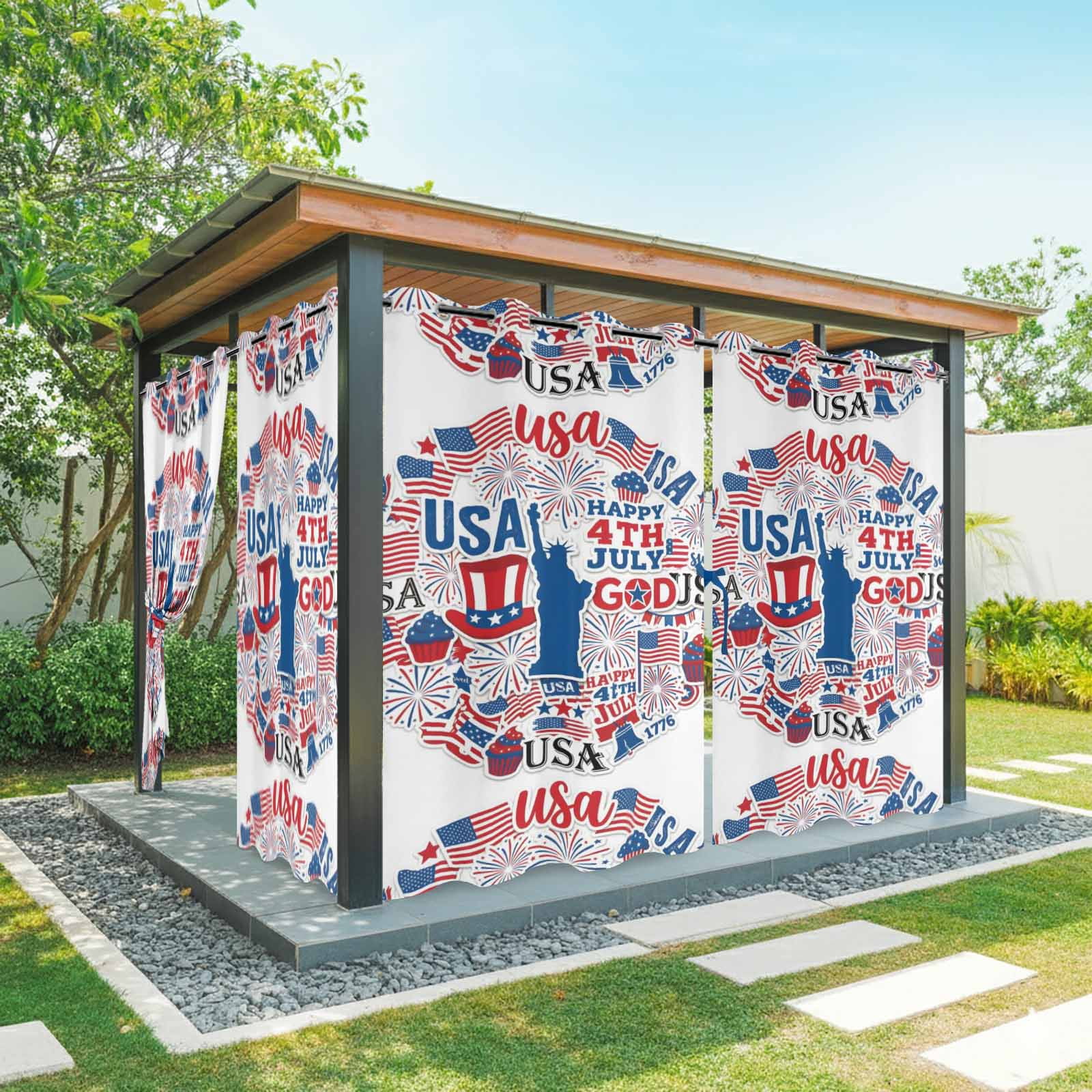 Independence Day Outdoor Curtains for Patio, Statue of Liberty Silhouette U. S. Flag Sunshade Privacy Drapes Grommet Waterproof Outside Curtains for Porch/Cabana/Balcony 54"x 108", 1 Panel