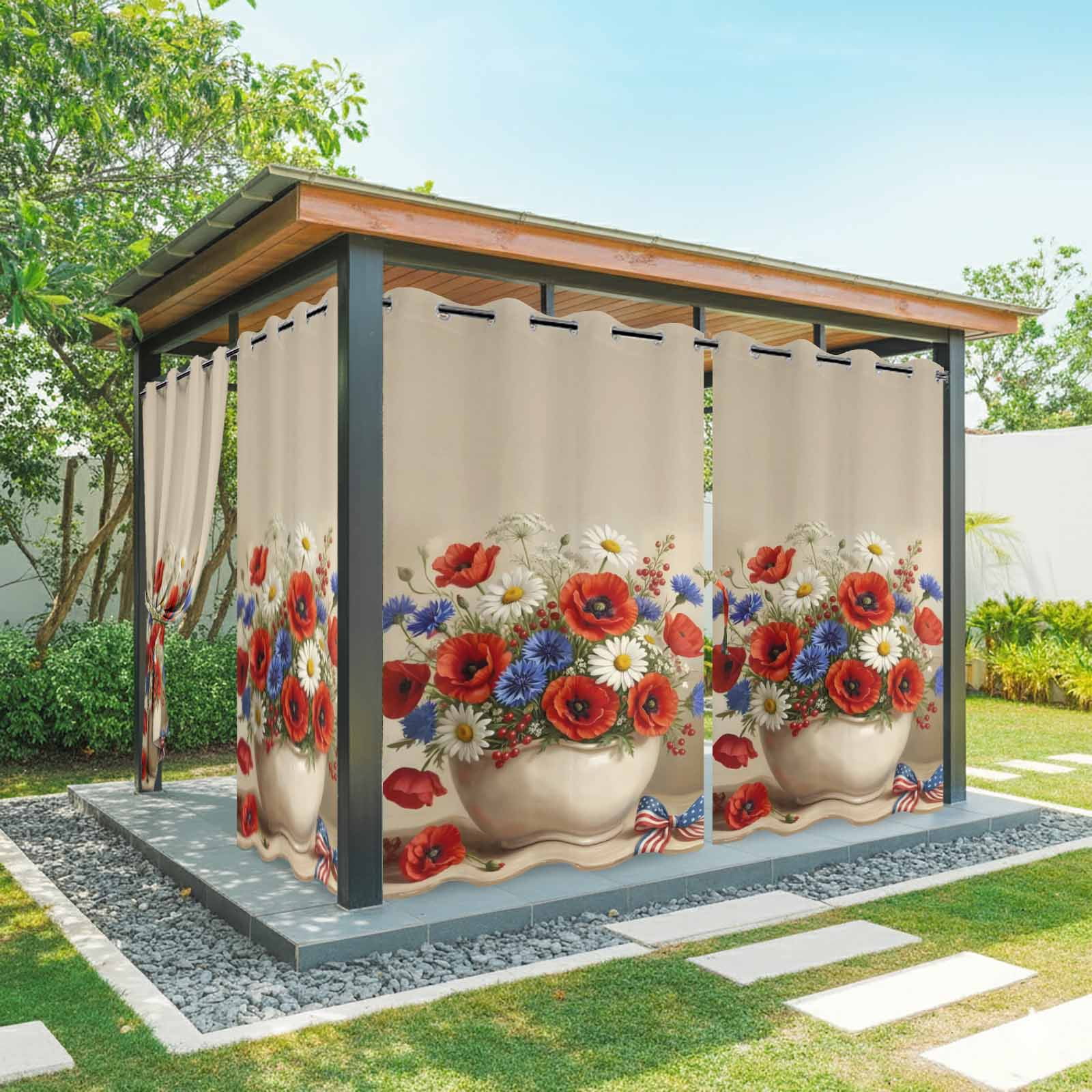 Independence Day Outdoor Curtains for Patio, Summer Red Blue White Floral Vase Sunshade Privacy Drapes Grommet Waterproof Outside Curtains for Porch/Cabana/Balcony 54"x 108", 1 Panel