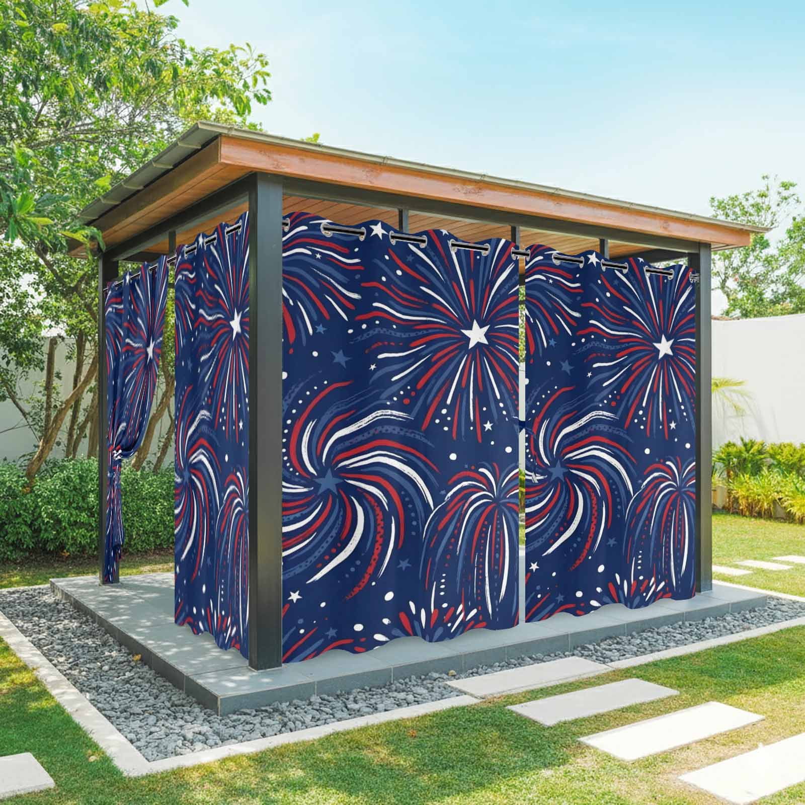 Independence Day Outdoor Curtains for Patio, U. S. Flag Cartoon Firework Graffiti Patriotic Sunshade Privacy Drapes Grommet Waterproof Outside Curtains for Porch/Cabana/Balcony 54"x 108", 1 Panel
