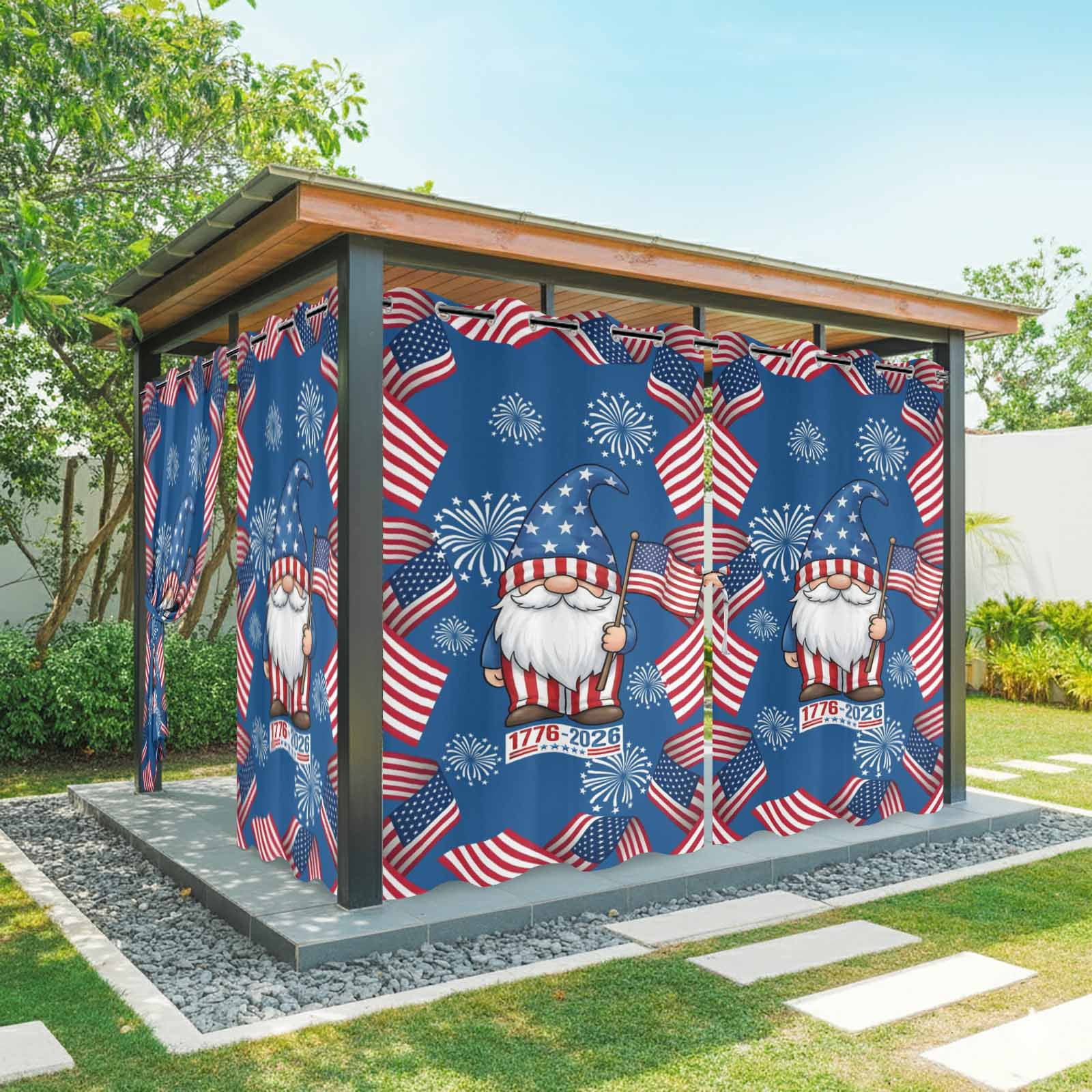 Independence Day Outdoor Curtains for Patio, U. S. Flag Cartoon Gnome Graffiti Firework Sunshade Privacy Drapes Grommet Waterproof Outside Curtains for Porch/Cabana/Balcony 54"x 108", 1 Panel