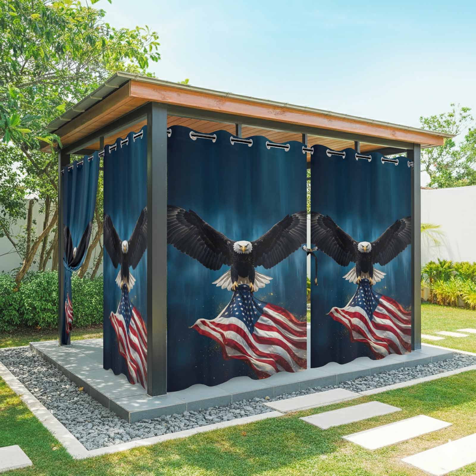 Independence Day Outdoor Curtains for Patio, U. S. Flag Cool Soaring Bald Eagle Sunshade Privacy Drapes Grommet Waterproof Outside Curtains for Porch/Cabana/Balcony 54"x 108", 1 Panel