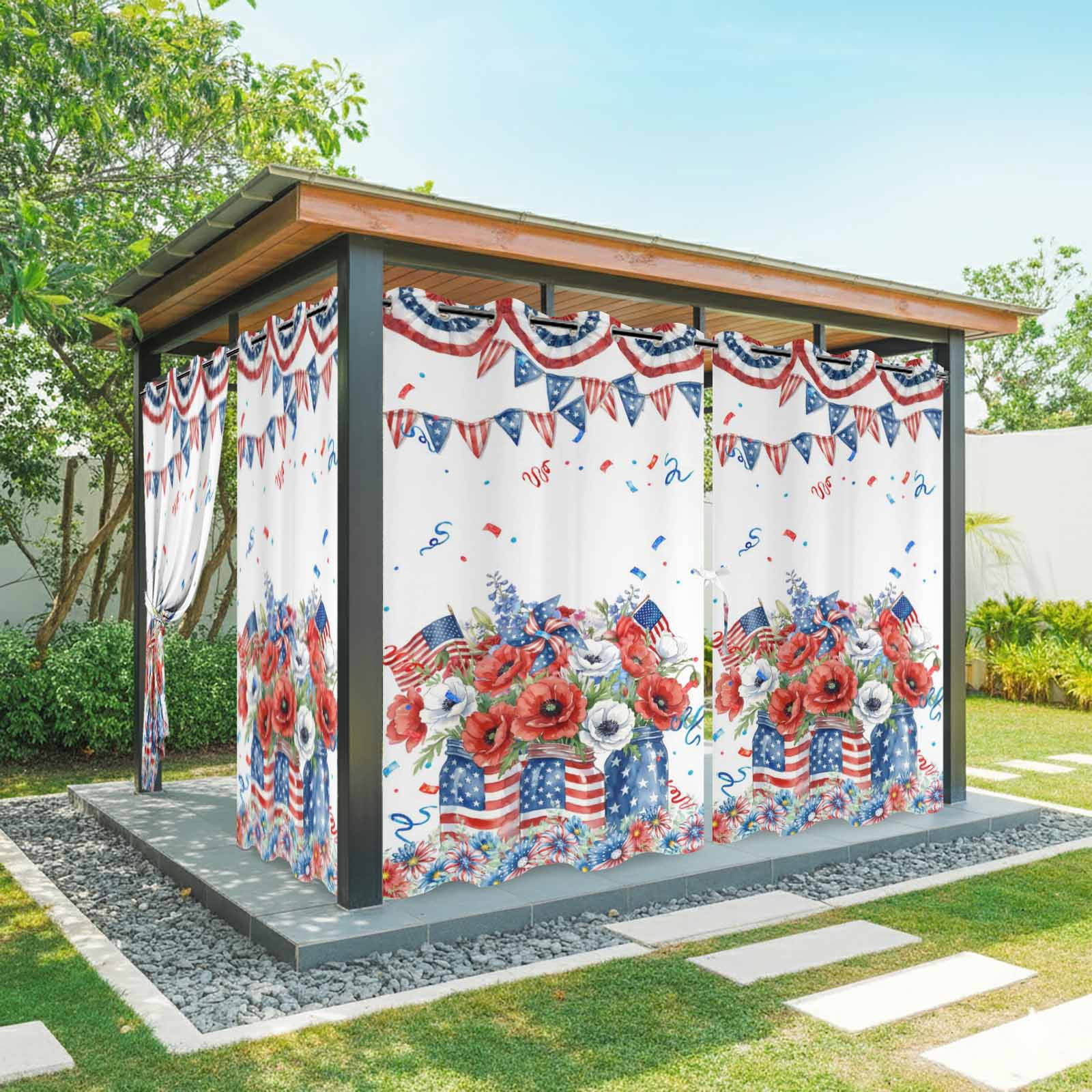 Independence Day Outdoor Curtains for Patio, U. S. Flag Red White Poppy Flowers Watercolor Sunshade Privacy Drapes Grommet Waterproof Outside Curtains for Porch/Cabana/Balcony 54"x 108", 1 Panel