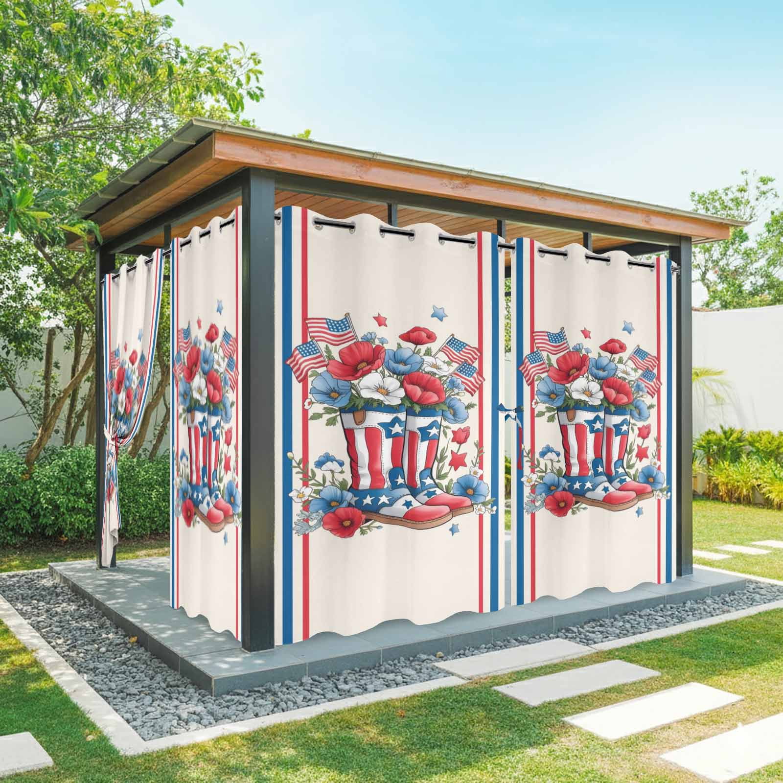 Independence Day Outdoor Curtains for Patio, U.S. Flag Themed Cartoon Boots Flowers Stripes Sunshade Privacy Drapes Grommet Waterproof Outside Curtains for Porch/Cabana/Balcony 54"x 108", 1 Panel