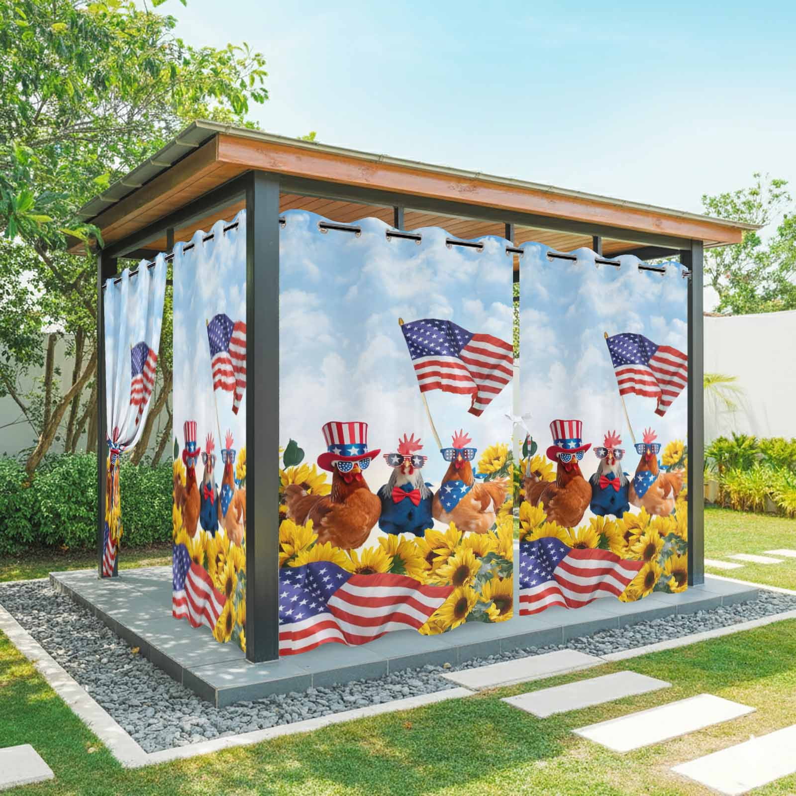 Independence Day Outdoor Curtains for Patio, U.S. Flag Themed Farm Rooster Sunflower Farmhouse Sunshade Privacy Drapes Grommet Waterproof Outside Curtains for Porch/Cabana/Balcony 54"x 108", 1 Panel