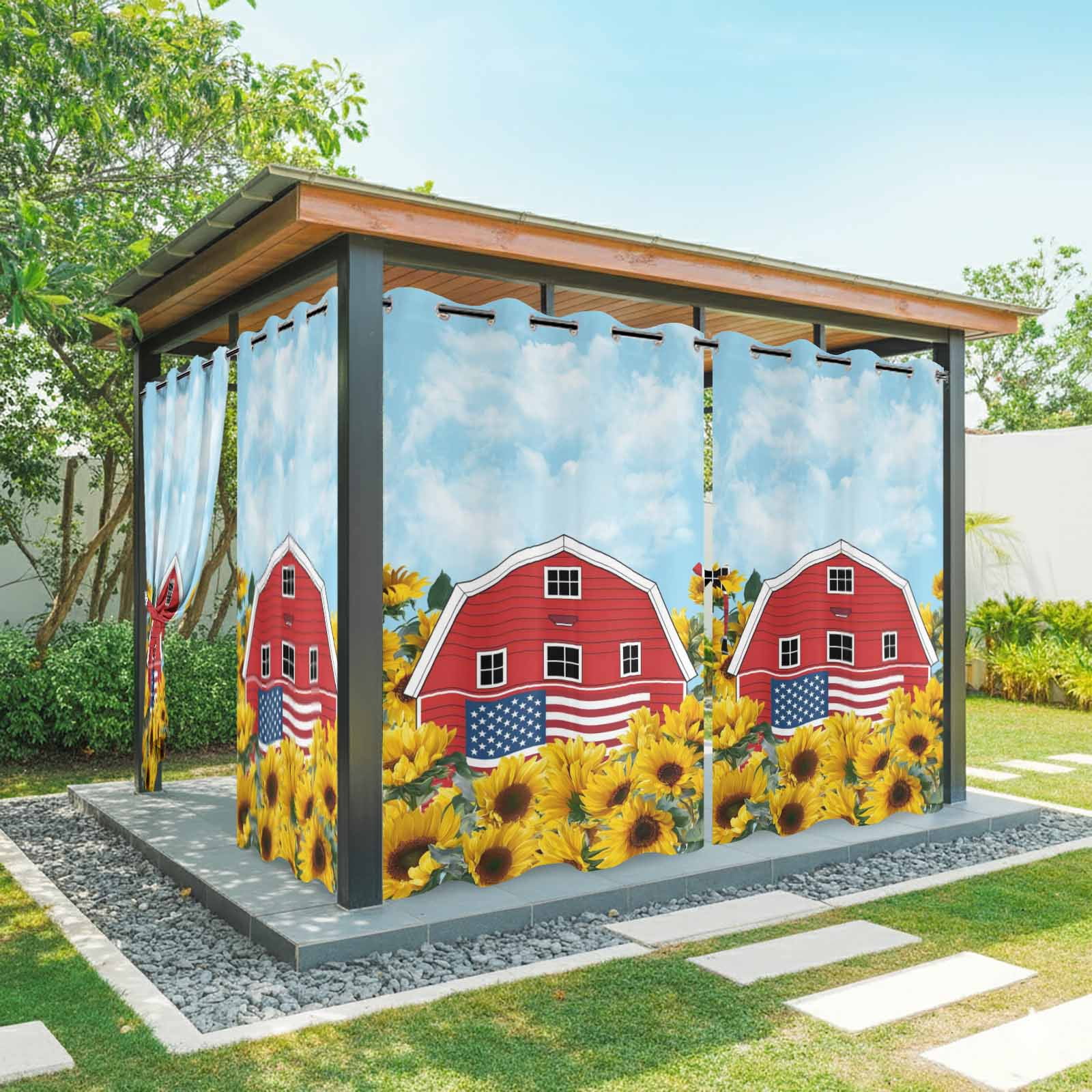 Independence Day Outdoor Curtains for Patio, U.S. Flag Themed Red Barn Farmhouse Sunflower Sunshade Privacy Drapes Grommet Waterproof Outside Curtains for Porch/Cabana/Balcony 54"x 108", 1 Panel