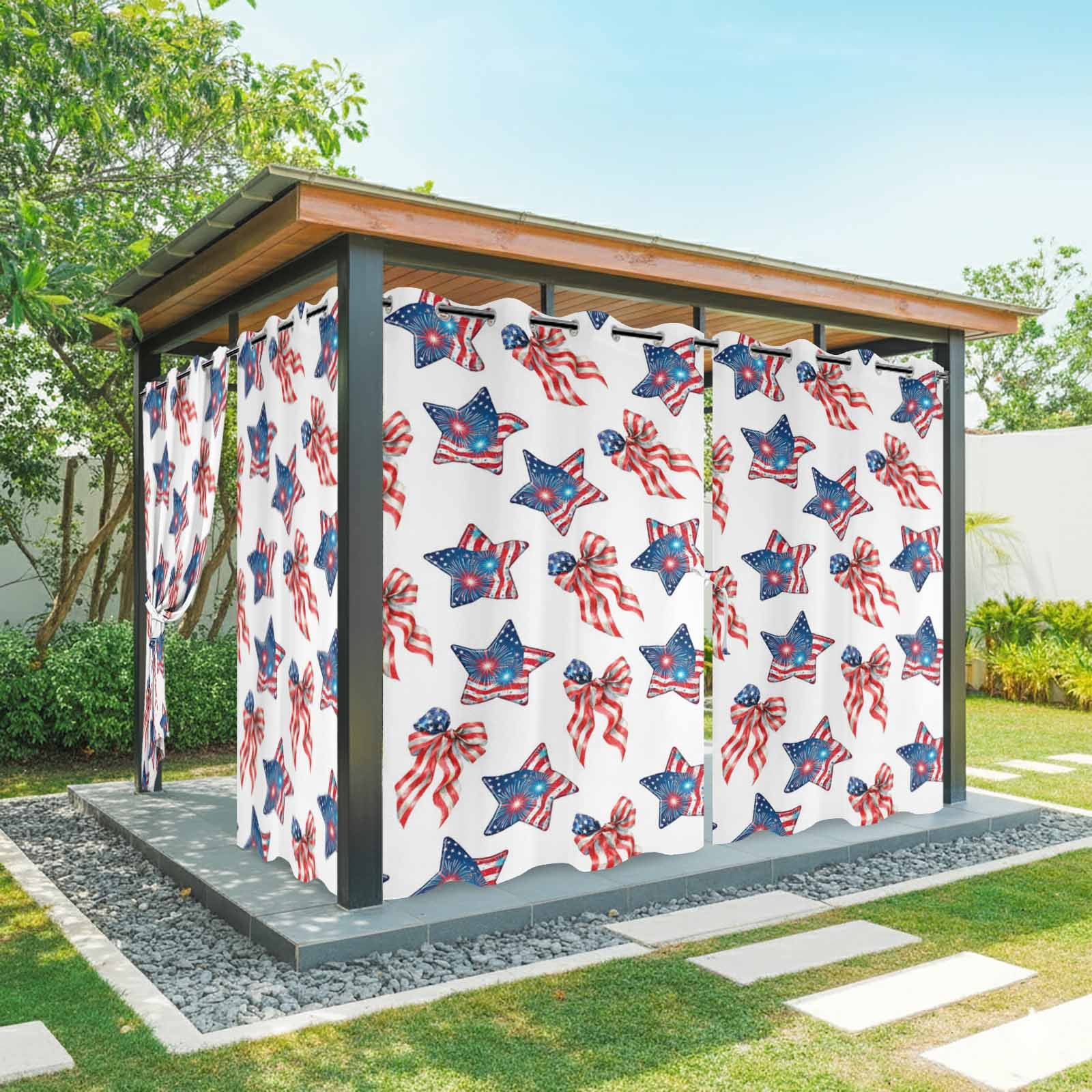 Independence Day Outdoor Curtains for Patio, US Flag Red Blue Stripe Patriotic Star Bow Fireworks Sunshade Privacy Drapes Grommet Waterproof Outside Curtains for Porch Balcony 54"x108", 1 Panel