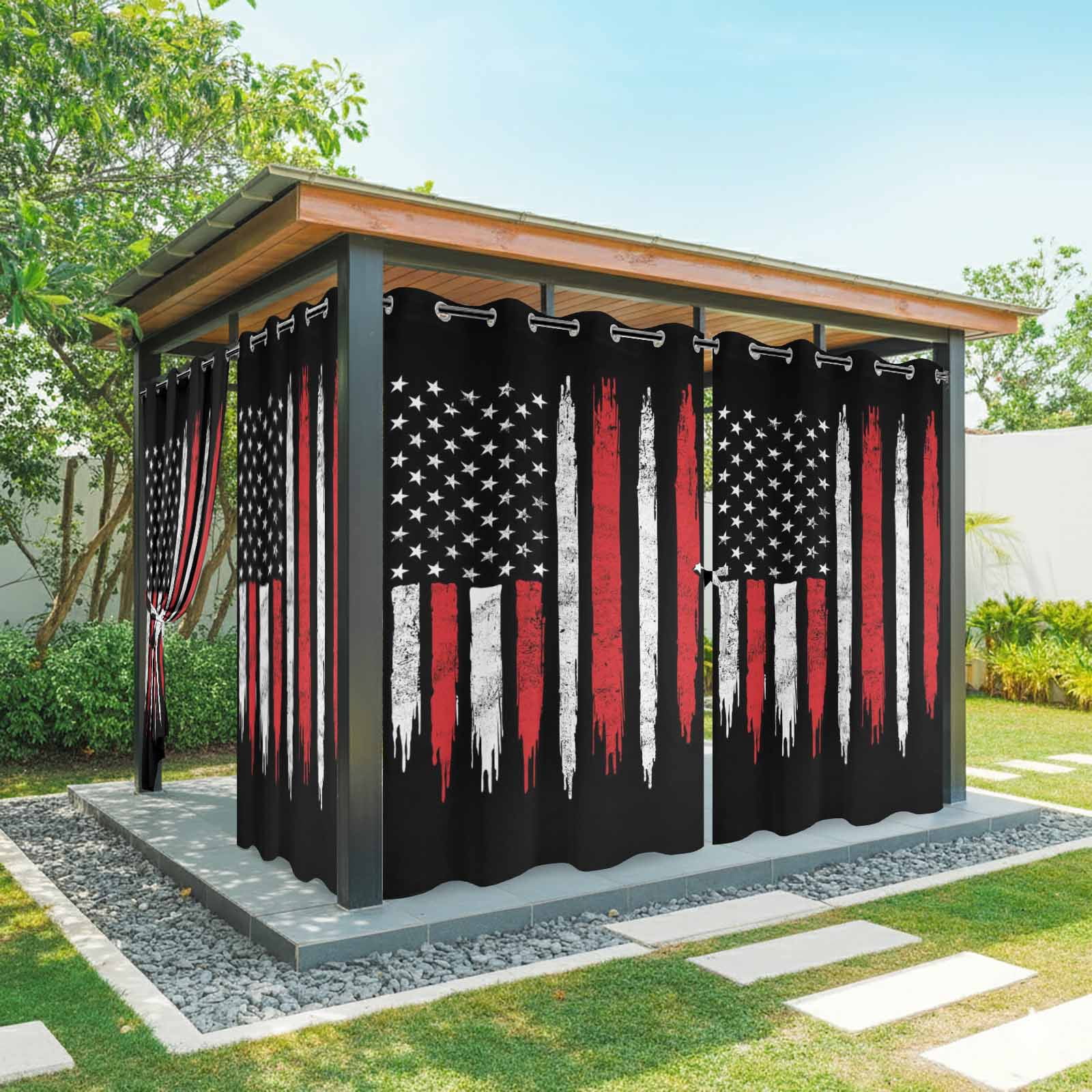 Independence Day Outdoor Curtains for Patio, USA Red White Star Stripes Black Sunshade Privacy Drapes Grommet Waterproof Outside Curtains for Porch/Cabana/Balcony 54"x 108", 1 Panel