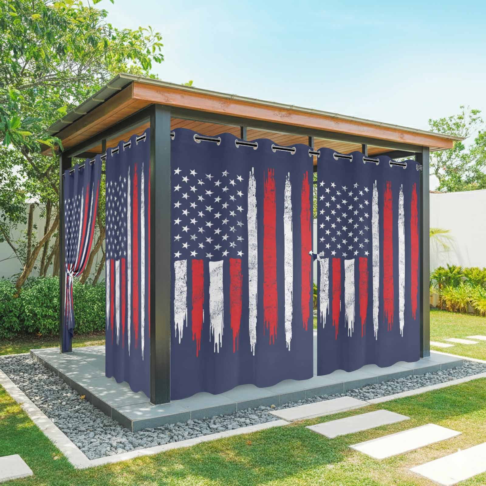 Independence Day Outdoor Curtains for Patio, USA Red White Star Stripes Blue Sunshade Privacy Drapes Grommet Waterproof Outside Curtains for Porch/Cabana/Balcony 54"x 108", 1 Panel