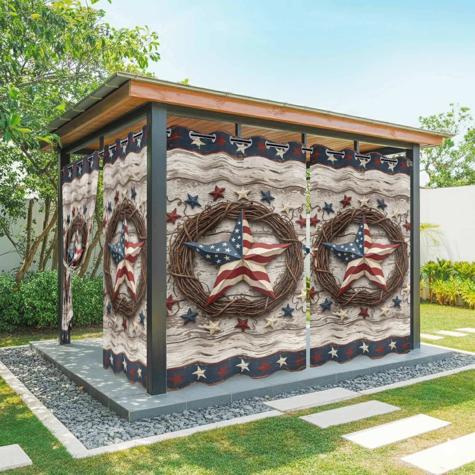 Independence Day Outdoor Curtains for Patio, Usa Flag Stars Vine Wreath Rustic Wood Grain Sunshade Privacy Drapes Grommet Waterproof Outside Curtains for Porch/Cabana/Balcony 54"x 108", 1 Panel