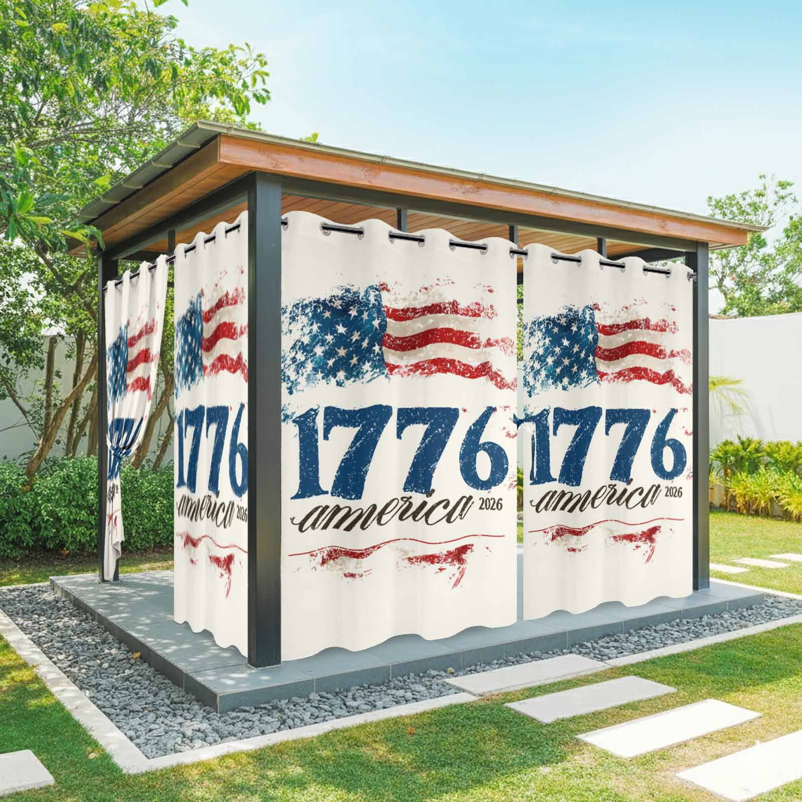 Independence Day Outdoor Curtains for Patio, Vintage American Flag 1766-2026 Beige Background Sunshade Privacy Drapes Grommet Waterproof Outside Curtains for Porch/Cabana/Balcony 54"x 108", 1 Panel