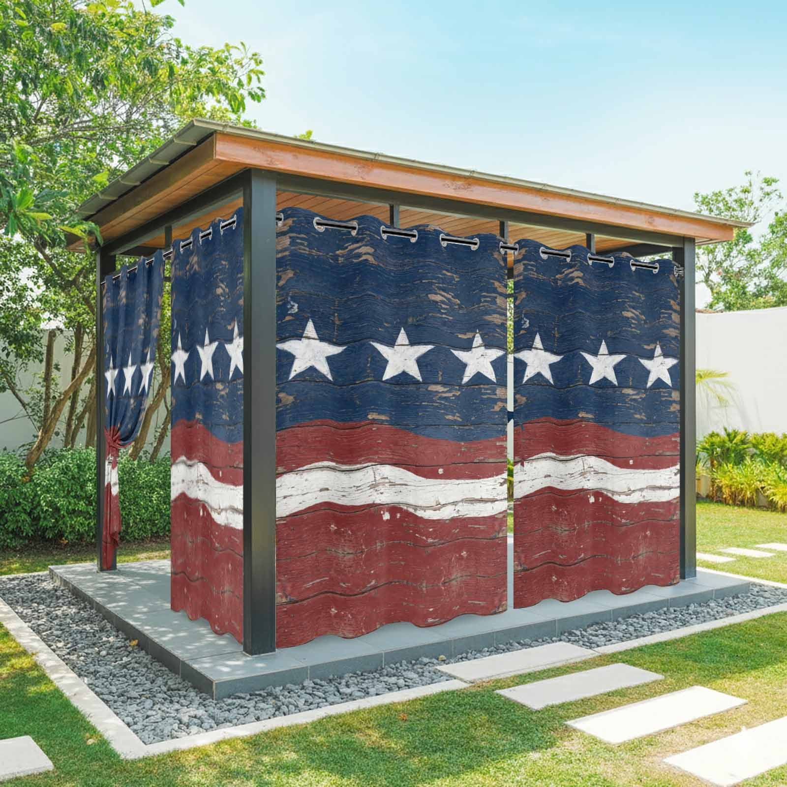 Independence Day Outdoor Curtains for Patio, Vintage American Flag Retro Blue Red Wave Wood Grain Sunshade Privacy Drapes Grommet Waterproof Outside Curtains for Porch Balcony 54"x108", 1 Panel