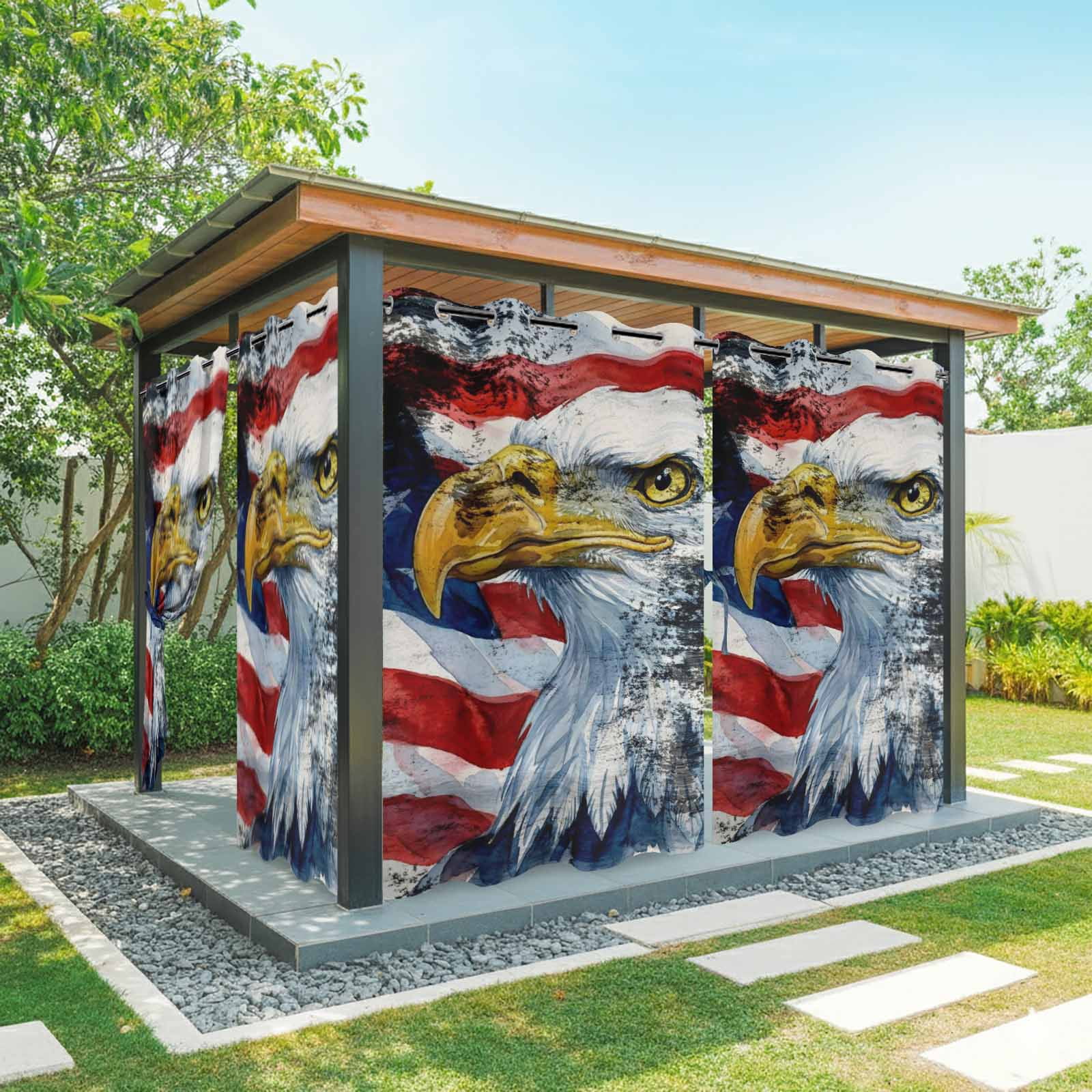 Independence Day Outdoor Curtains for Patio, Vintage American Flag Star Spangled Eagle Art Country Sunshade Privacy Drapes Grommet Waterproof Outside Curtains for Porch Balcony 54"x108", 1 Panel