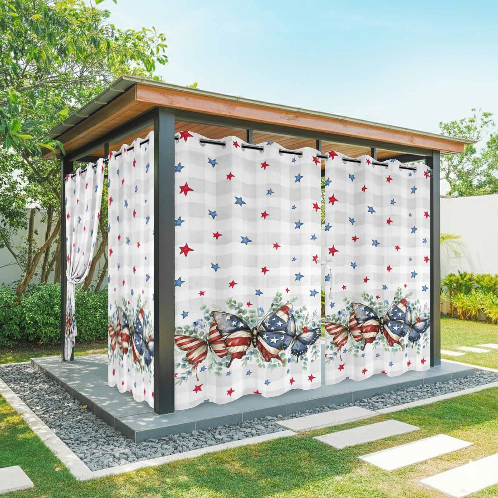 Independence Day Outdoor Curtains for Patio, Vintage Butterfly Star Leaf Gray Plaid Sunshade Privacy Drapes Grommet Waterproof Outside Curtains for Porch/Cabana/Balcony 54"x 108", 1 Panel