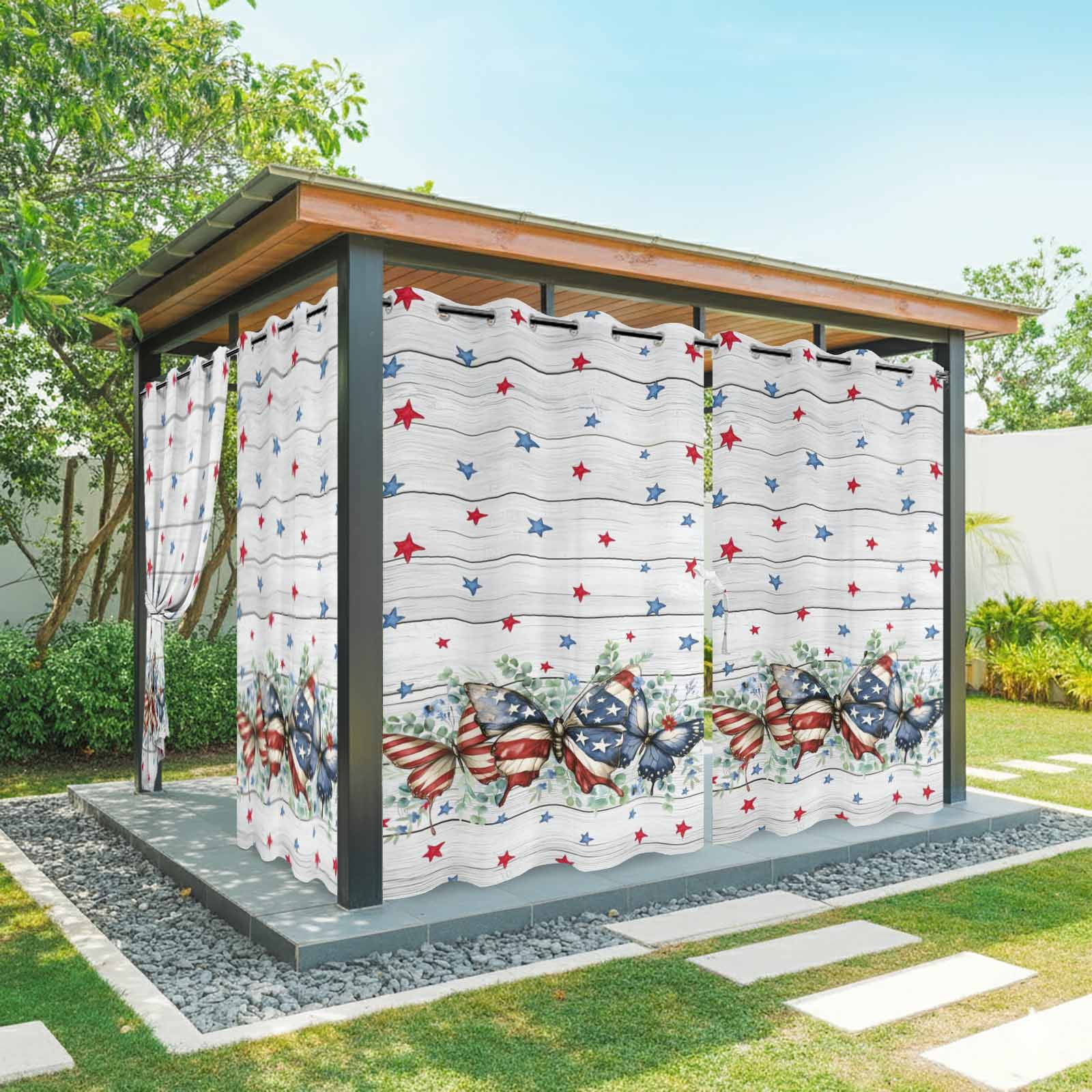 Independence Day Outdoor Curtains for Patio, Vintage Butterfly Star Leaf Wood Grain Sunshade Privacy Drapes Grommet Waterproof Outside Curtains for Porch/Cabana/Balcony 54"x 95", 2 Panel