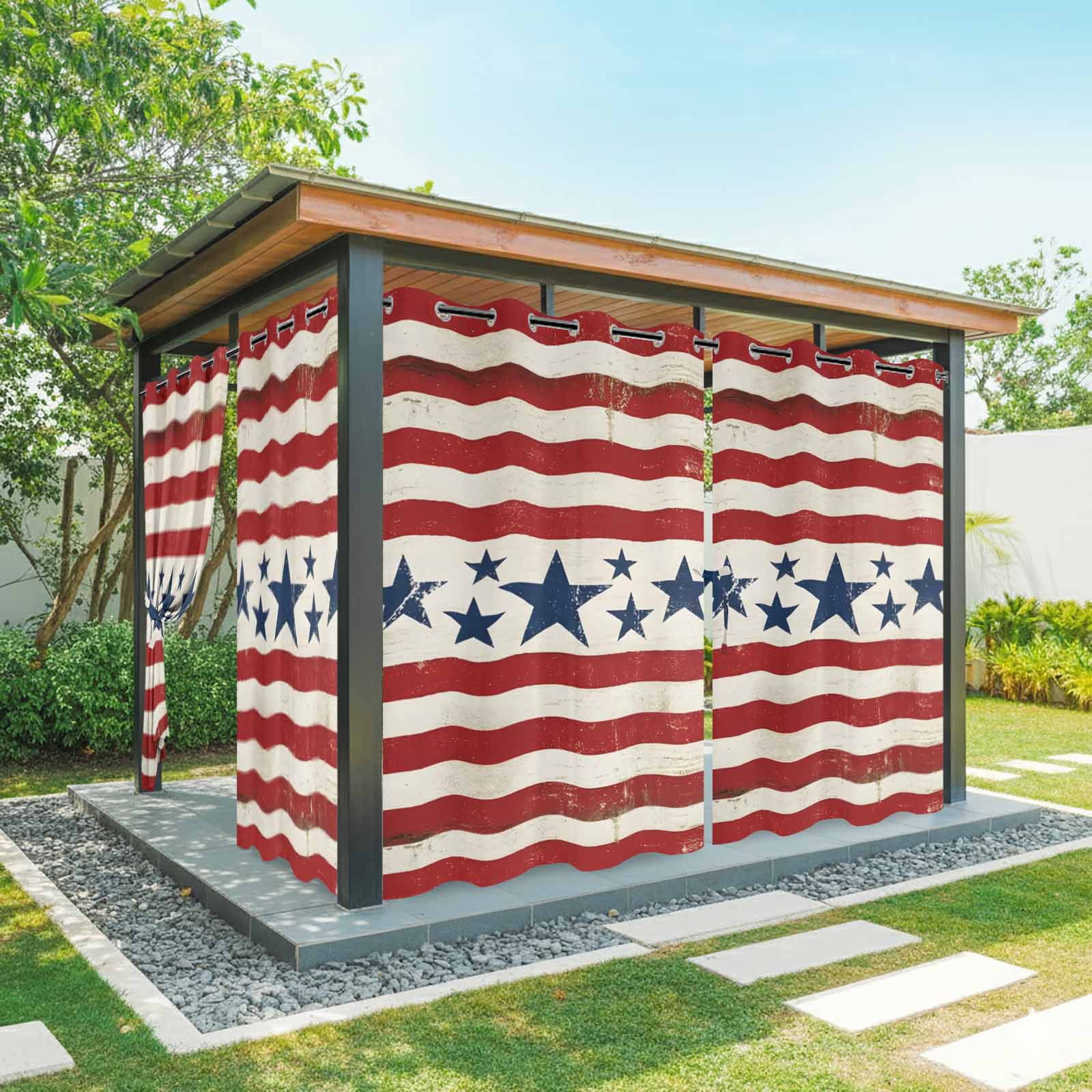 Independence Day Outdoor Curtains for Patio, Vintage Country Blue Stars Red Stripes Sunshade Privacy Drapes Grommet Waterproof Outside Curtains for Porch/Cabana/Balcony 54"x 108", 1 Panel
