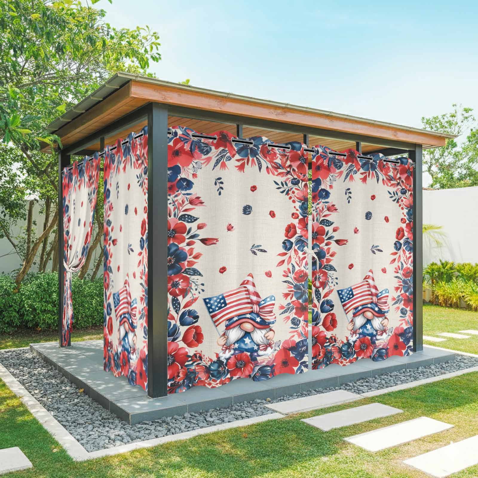 Independence Day Outdoor Curtains for Patio, Vintage Gnome Red Blue Navy Flower U.S. Flag Sunshade Privacy Drapes Grommet Waterproof Outside Curtains for Porch/Cabana/Balcony 54"x 108", 1 Panel