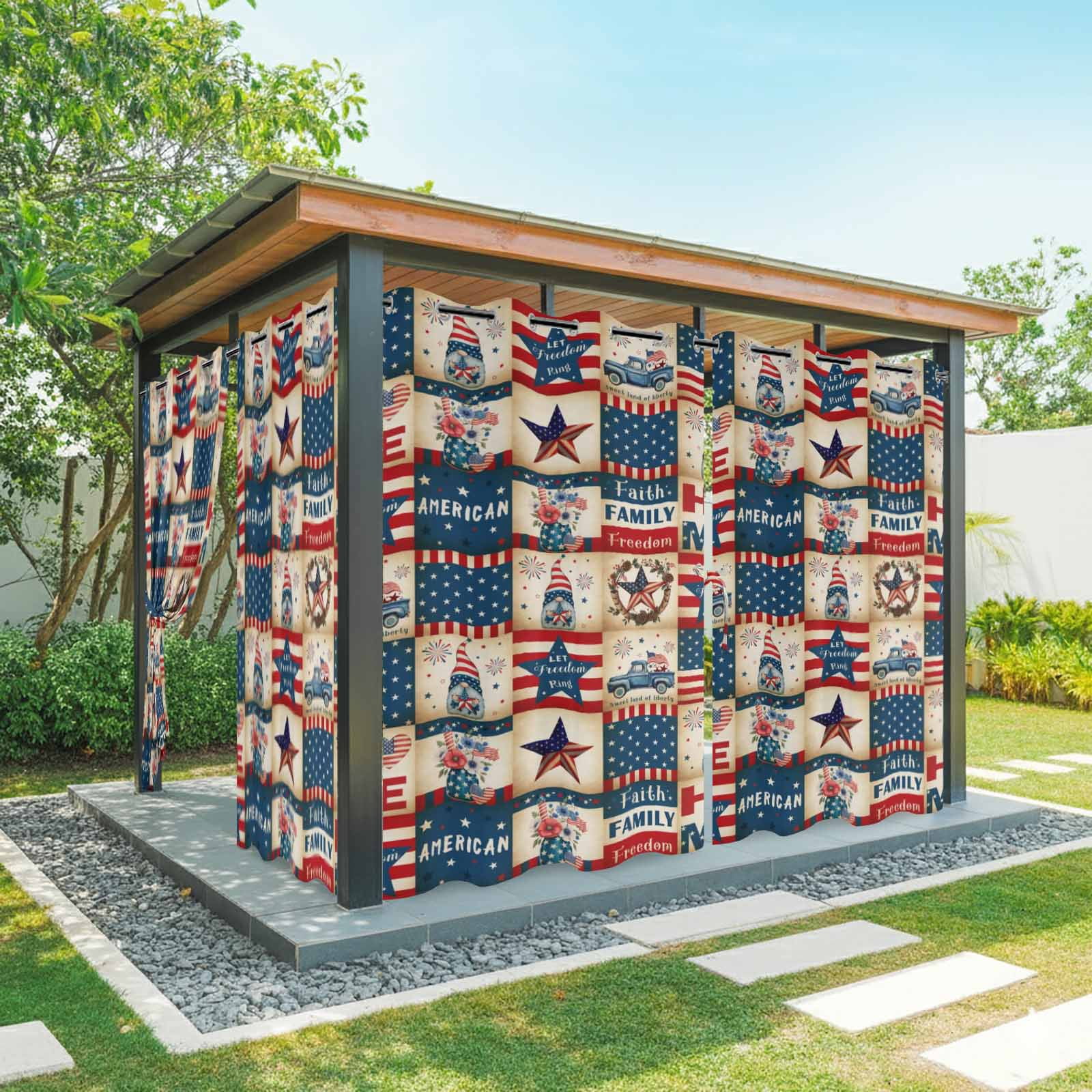 Independence Day Outdoor Curtains for Patio, Vintage US Flag Gnome Truck HOME Stars Sunshade Privacy Drapes Grommet Waterproof Outside Curtains for Porch/Cabana/Balcony 54"x 108", 1 Panel