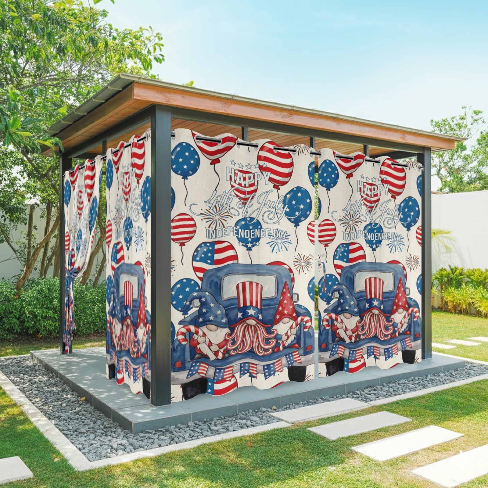 Independence Day Outdoor Curtains for Patio, Watercolor Blue Truck Colorful Balloon Cute Gnomes Sunshade Privacy Drapes Grommet Waterproof Outside Curtains for Porch/Cabana/Balcony 54"x 108", 1 Panel