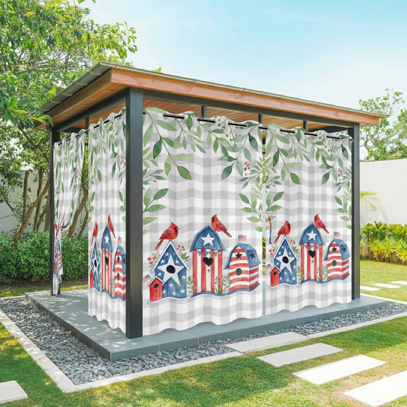 Independence Day Outdoor Curtains for Patio, Watercolor Cardinal Bird Birdhouses Leaf Grey Plaid Sunshade Privacy Drapes Grommet Waterproof Outside Curtains for Porch/Cabana/Balcony 54"x108", 1 Panel