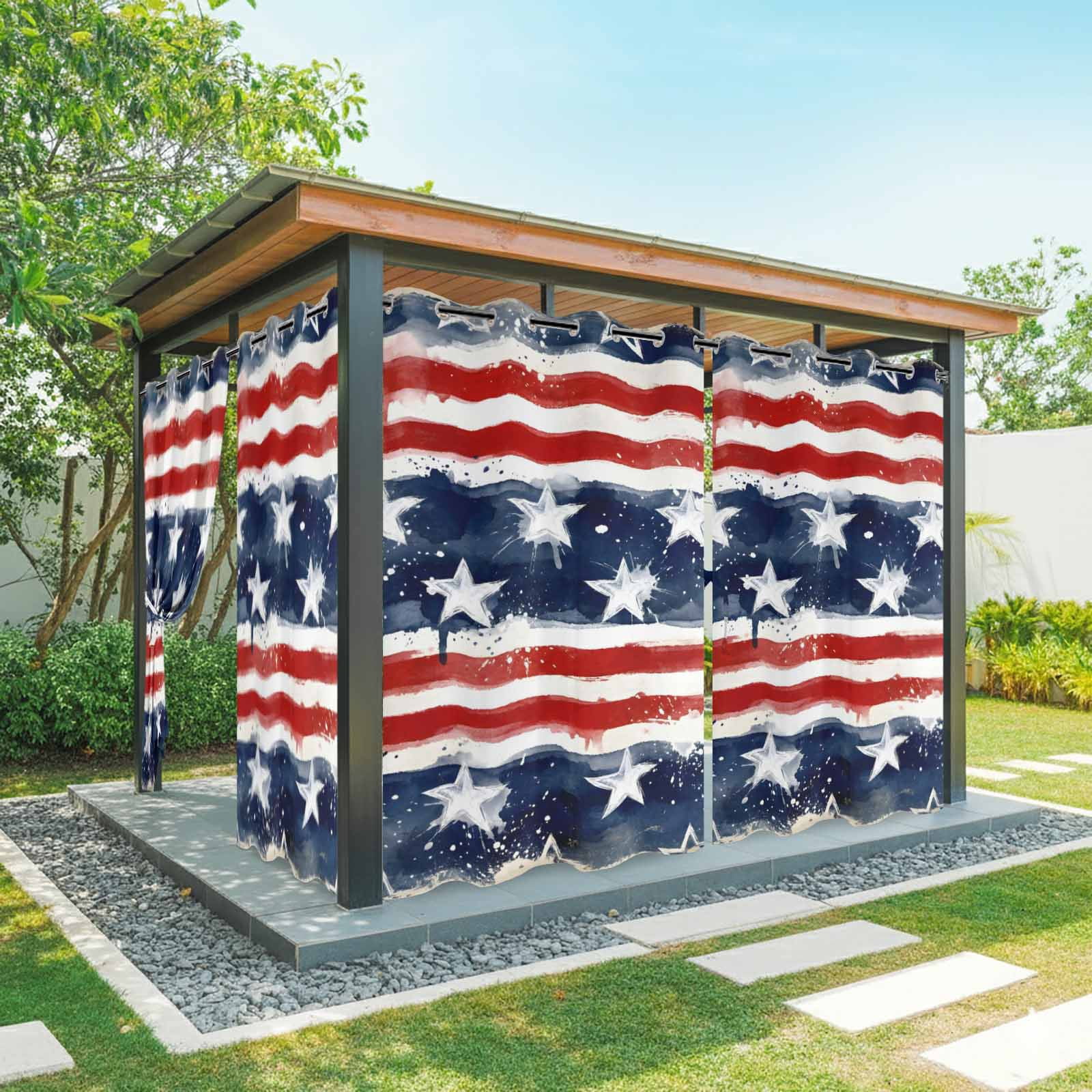 Independence Day Outdoor Curtains for Patio, Watercolor Gradient American Flag Red Blue Splash Style Sunshade Privacy Drapes Grommet Waterproof Outside Curtains for Porch Balcony 54"x108", 1 Panel