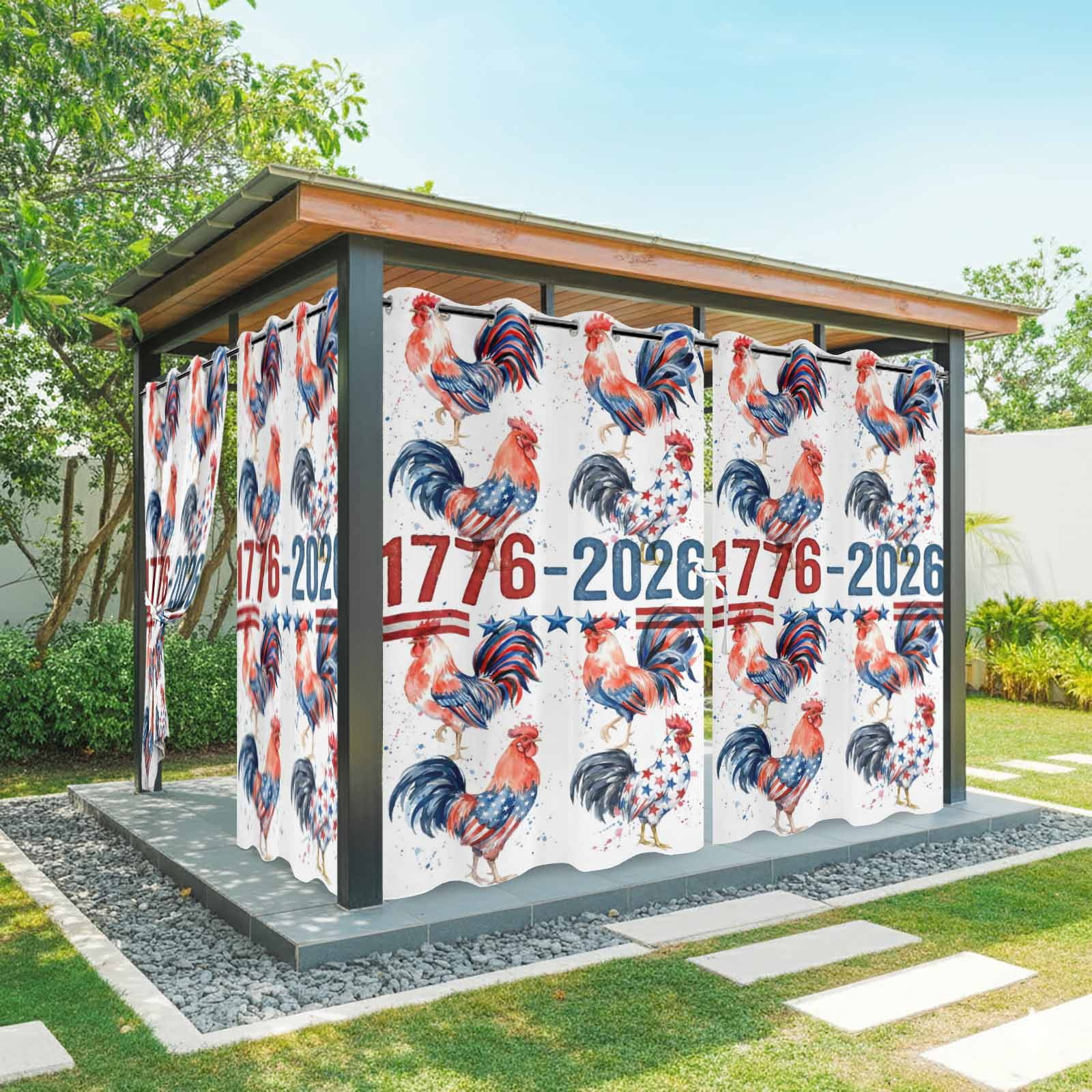 Independence Day Outdoor Curtains for Patio, Watercolor Red Blue America Flag Rooster Sunshade Privacy Drapes Grommet Waterproof Outside Curtains for Porch/Cabana/Balcony 54"x 108", 1 Panel