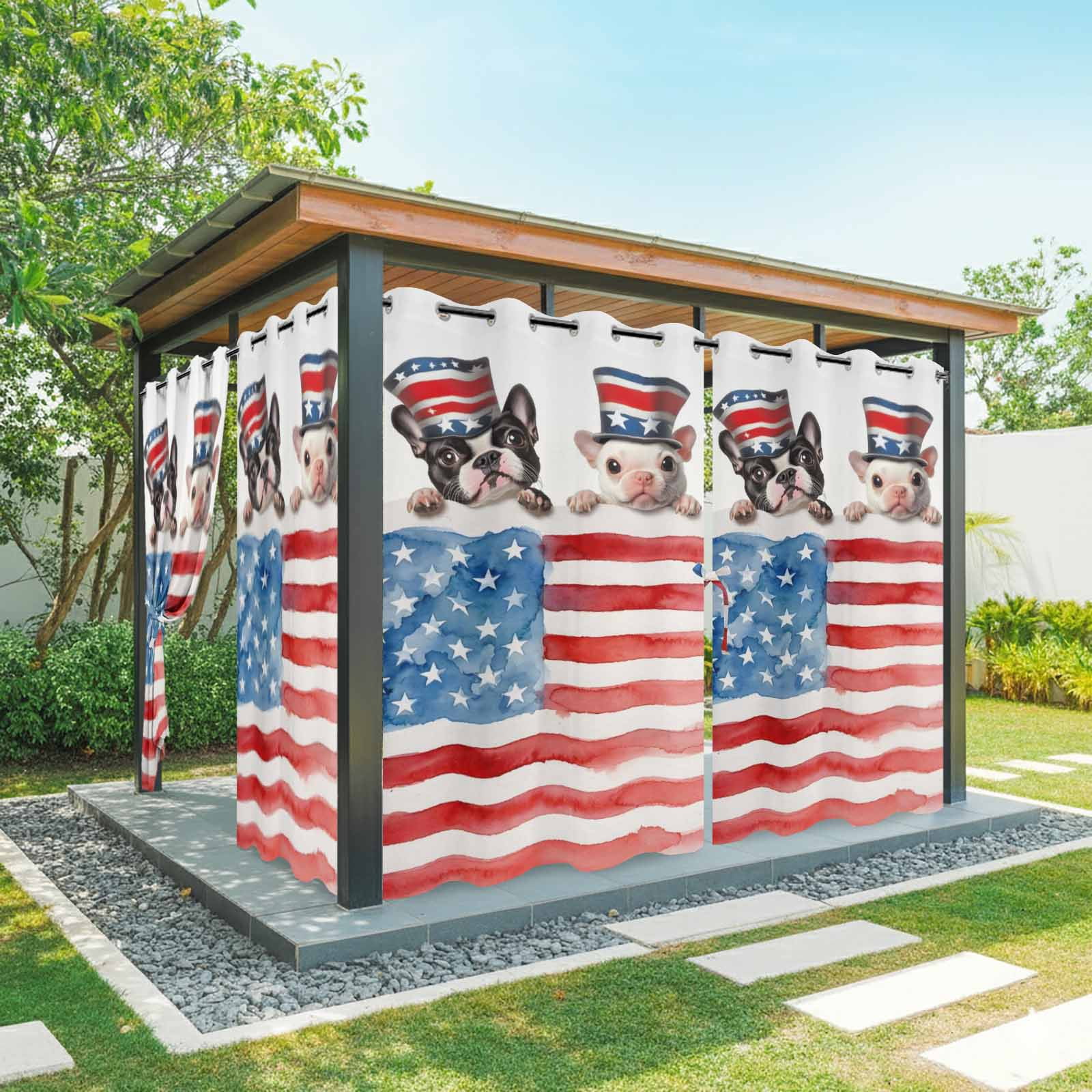 Independence Day Outdoor Curtains for Patio, Watercolor Red Blue Flag Hat Dog Parrot Sunshade Privacy Drapes Grommet Waterproof Outside Curtains for Porch/Cabana/Balcony 54"x 108", 1 Panel