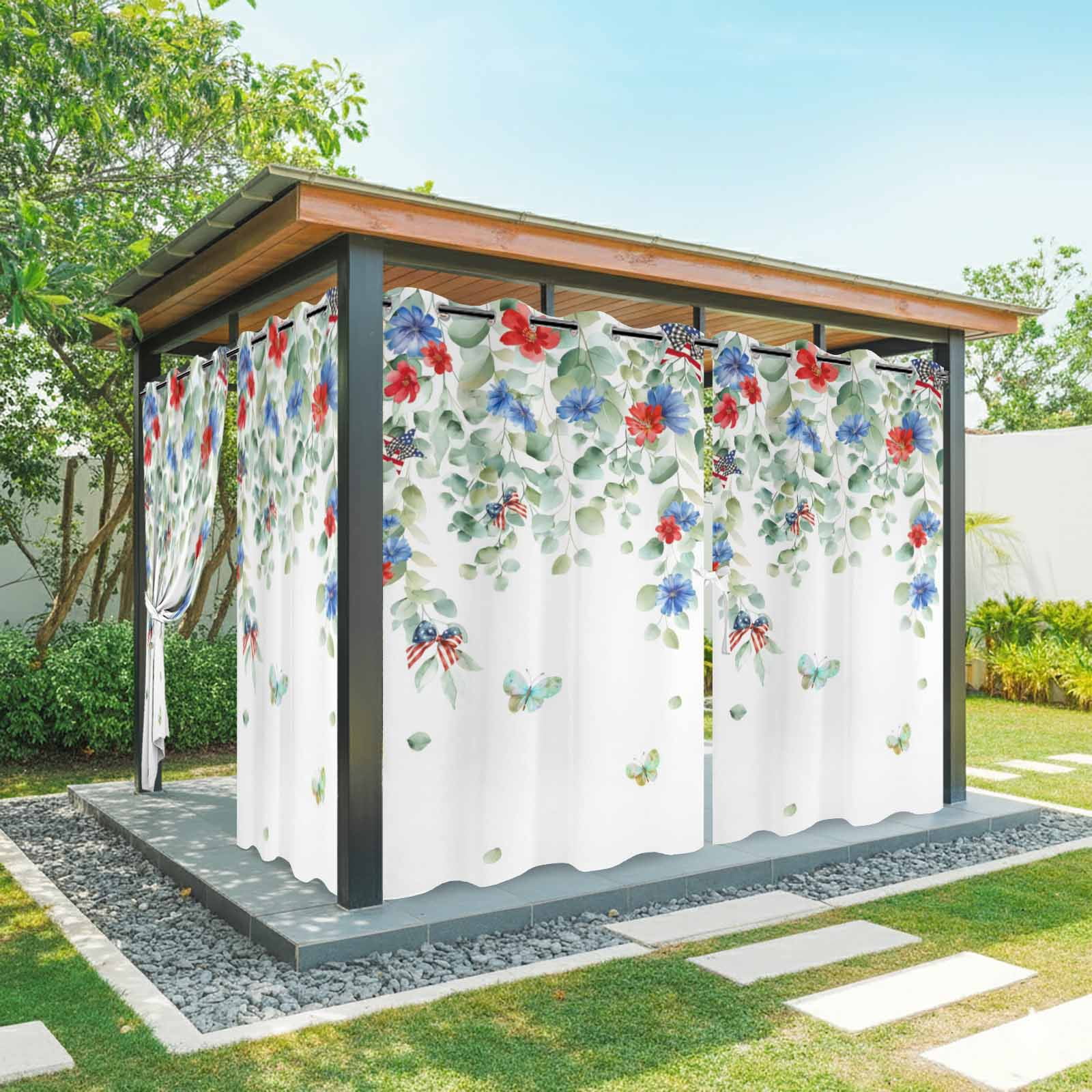 Independence Day Outdoor Curtains for Patio, Watercolor Red Blue Floral Leaf Sunshade Privacy Drapes Grommet Waterproof Outside Curtains for Porch/Cabana/Balcony 54"x 108", 1 Panel