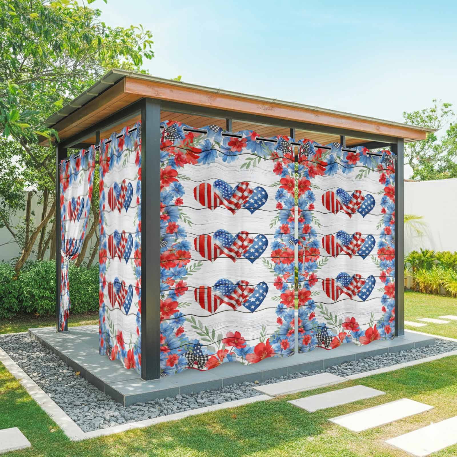 Independence Day Outdoor Curtains for Patio, Watercolor Red Blue Heart Flag Floral Wood Grain Sunshade Privacy Drapes Grommet Waterproof Outside Curtains for Porch/Cabana/Balcony 54"x 108", 1 Panel