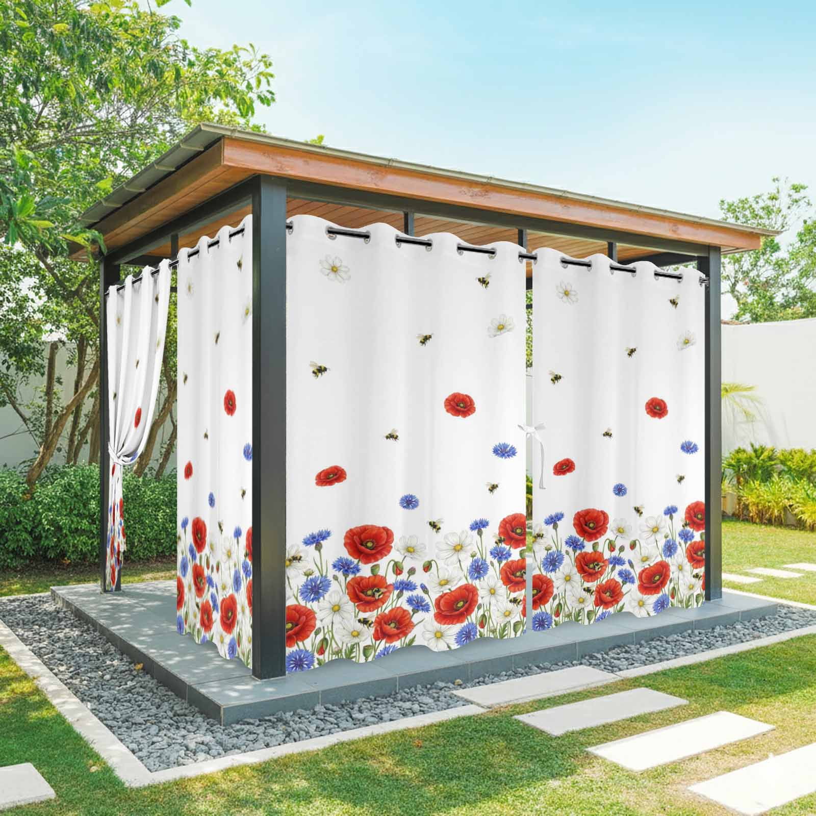 Independence Day Outdoor Curtains for Patio, Watercolor Red Blue White Daisy Cute Bee Sunshade Privacy Drapes Grommet Waterproof Outside Curtains for Porch/Cabana/Balcony 54"x 108", 1 Panel