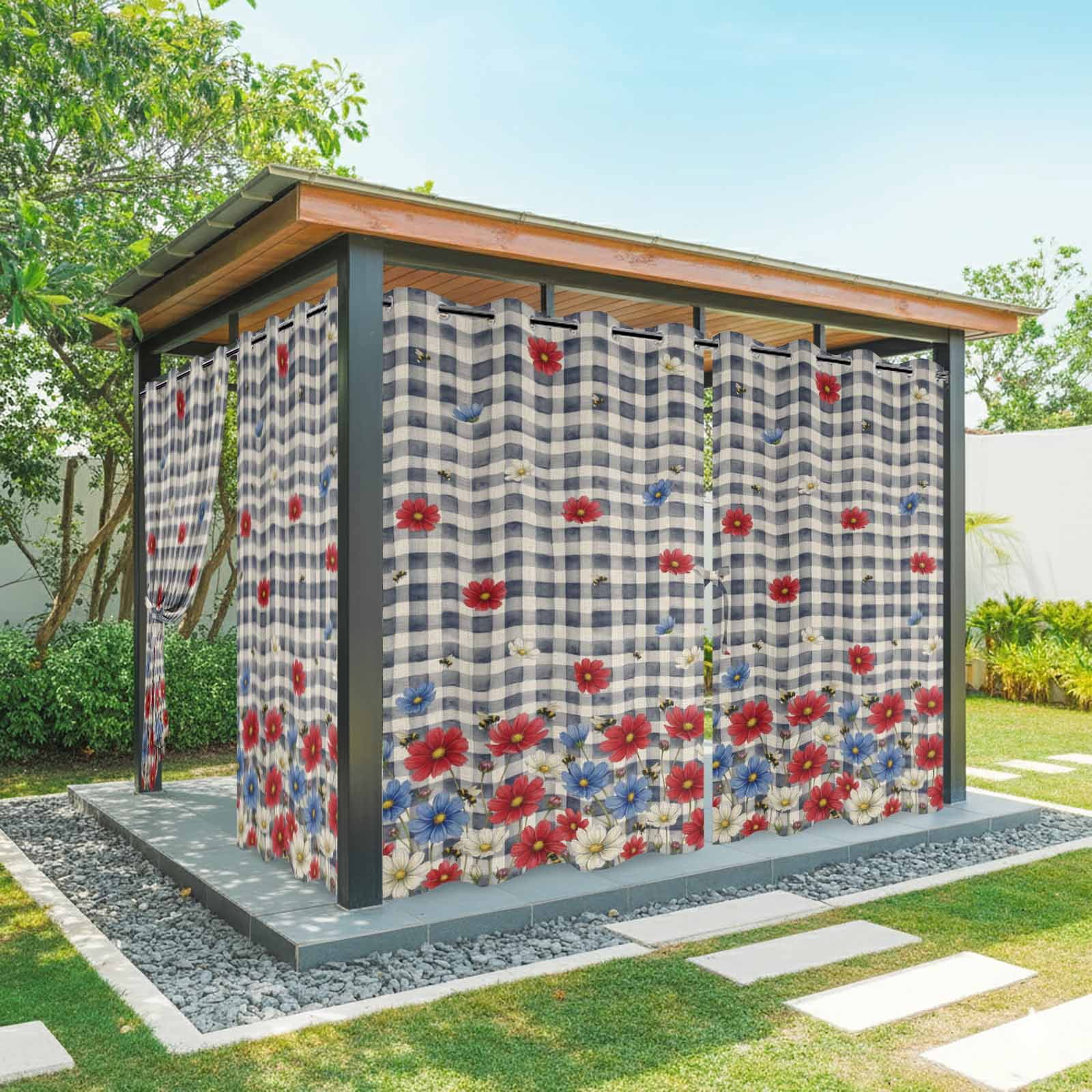 Independence Day Outdoor Curtains for Patio, Watercolor Red Blue White Daisy Farm Bee Black Plaid Sunshade Privacy Drapes Grommet Waterproof Outside Curtains for Porch Balcony 54"x108", 1 Panel