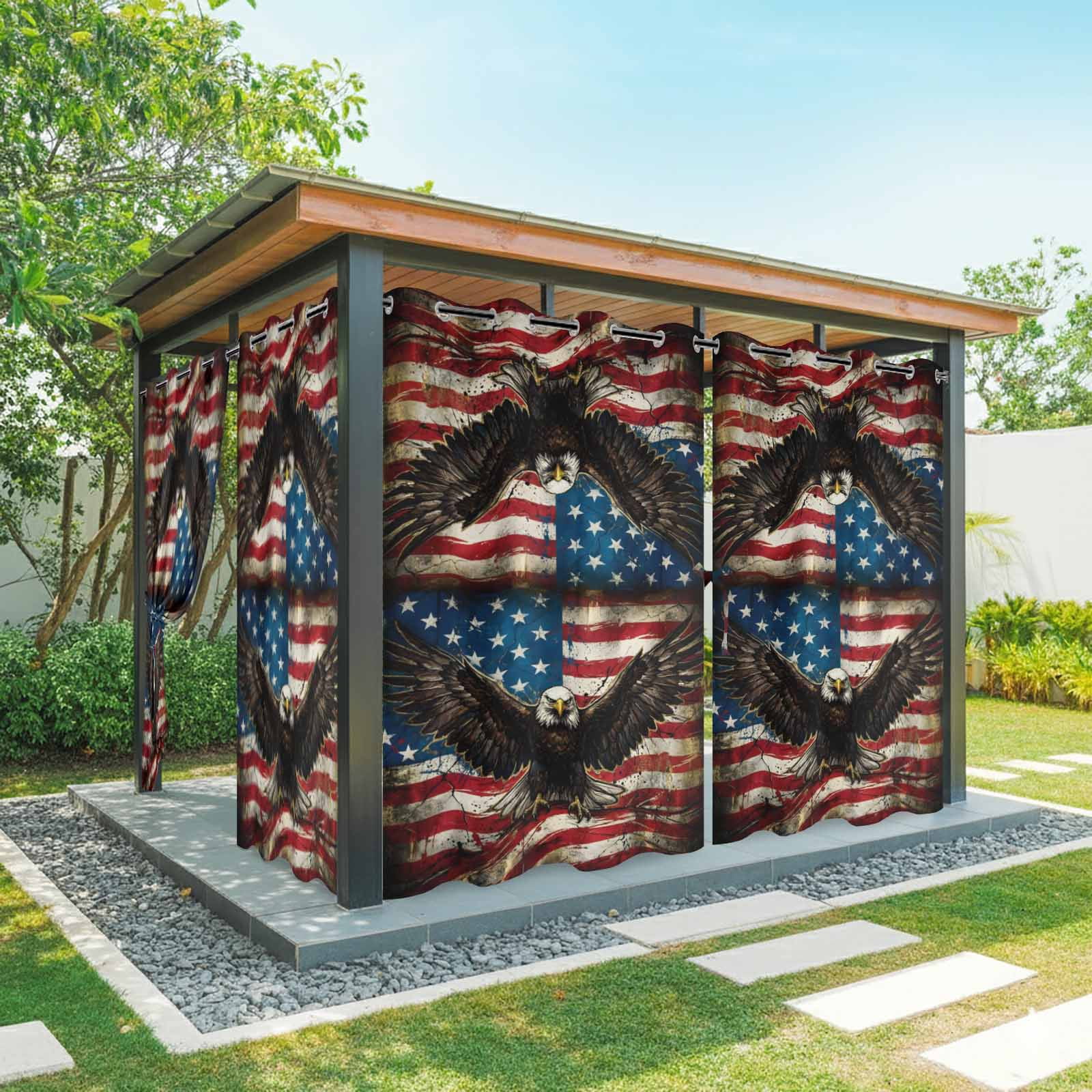 Independence Day Outdoor Curtains for Patio, Watercolor U. S, Flag Soaring Bald Eagle Retro Sunshade Privacy Drapes Grommet Waterproof Outside Curtains for Porch/Cabana/Balcony 54"x 108", 2 Panel