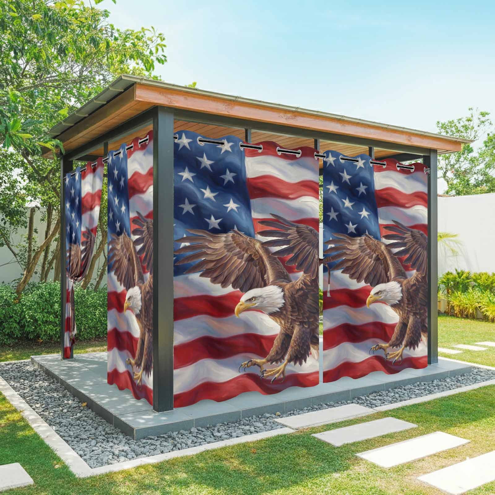 Independence Day Outdoor Curtains for Patio, Watercolor U. S. Flag Soaring Bald Eagle Sunshade Privacy Drapes Grommet Waterproof Outside Curtains for Porch/Cabana/Balcony 54"x 108", 1 Panel