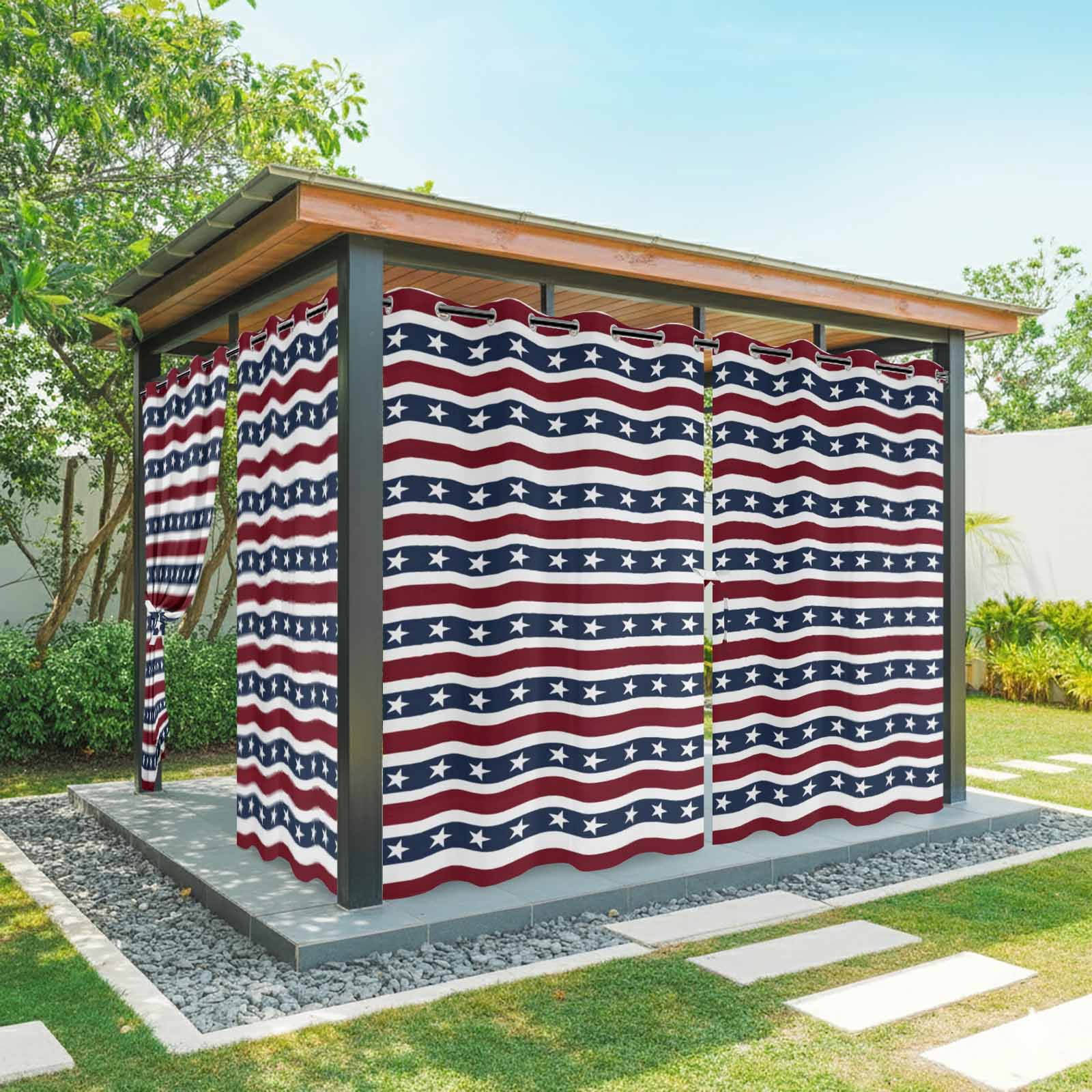 Independence Day Outdoor Curtains for Patio, Watercolor U, S, Flag Themed White Five-Pointed Star Sunshade Privacy Drapes Grommet Waterproof Outside Curtains for Porch Balcony 54"x108", 1 Panel