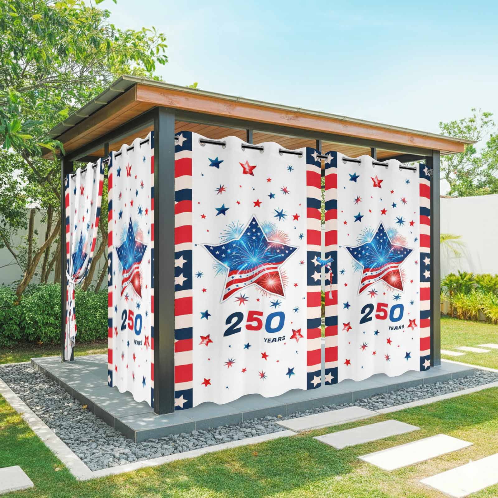 Independence Day Outdoor Curtains for Patio, Years US Flag Red Blue Star Fireworks Sunshade Privacy Drapes Grommet Waterproof Outside Curtains for Porch/Cabana/Balcony 54"x 108", 1 Panel