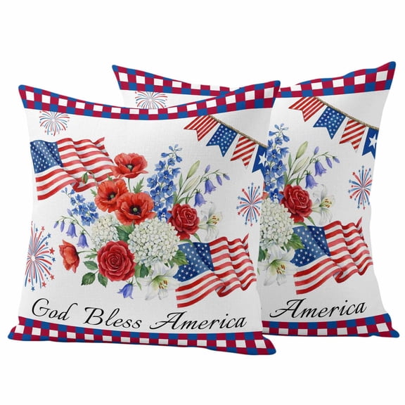 Independence Day Outdoor Pillow Covers 16"x16" Set of 2, Red Blue USA Flag Floral Fireworks Waterproof Throw Pillow Covers for Patio Furniture, Decorative Cushion Covers for Porch