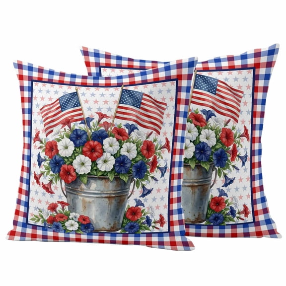 Independence Day Outdoor Pillow Covers 16"x16" Set of 2, U. S. Flag Red White Blue Poppy Colorful Plaid Waterproof Throw Pillow Covers for Patio Furniture, Decorative Cushion Covers for Porch
