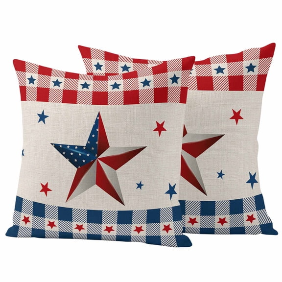 Independence Day Outdoor Pillow Covers 16"x16" Set of 2, USA Flag Star Blue Red Plaid Waterproof Throw Pillow Covers for Patio Furniture, Decorative Cushion Covers for Porch