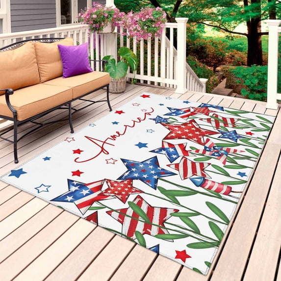Independence Day Outdoor Rug 3x5 Ft, Non Slip Washable Area Rug, 4th of July Red Blue Stars Patriotic Patio Rugs Carpet Runner, Large Floor Mat for Indoor/Outdoor Deck Porch Camping