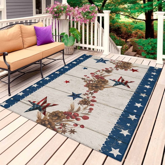 Independence Day Outdoor Rug 4x6 Ft, Non Slip Washable Area Rug, Red Blue Stars Stripes Flag Wooden Patio Rugs Carpet Runner, Large Floor Mat for Indoor/Outdoor Deck Porch Camping
