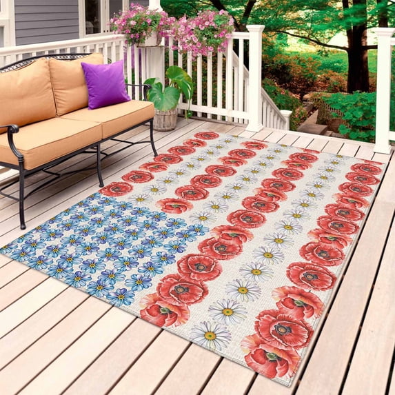 Independence Day Outdoor Rug 5x8 Ft, Non Slip Washable Area Rug, American Flag Red Blue White Flowers Patio Rugs Carpet Runner, Large Floor Mat for Indoor/Outdoor Deck Porch Camping