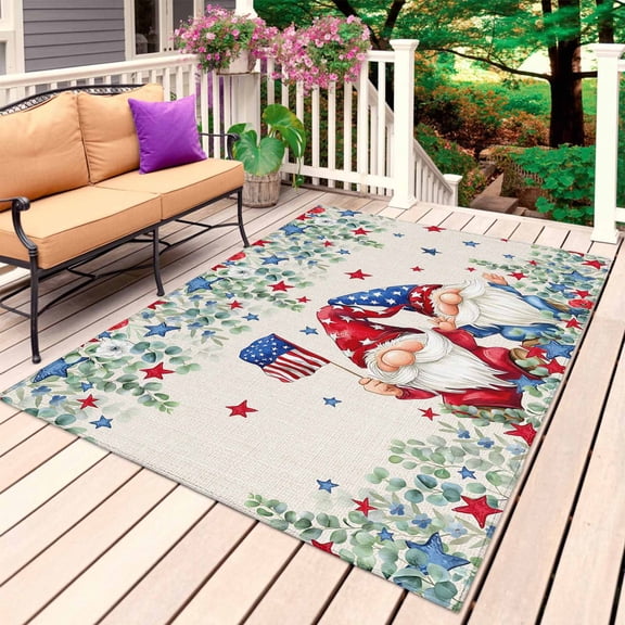 Independence Day Outdoor Rug 5x8 Ft, Non Slip Washable Area Rug, Cute Gnomes Eucalyptus Retro Beige Patio Rugs Carpet Runner, Large Floor Mat for Indoor/Outdoor Deck Porch Camping