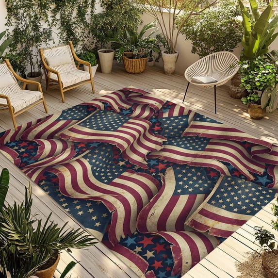 Independence Day Outdoor Rug for Patio/Deck/Porch, Non-Slip Large Area Rug 3 x 5 Ft, Red Blue USA Flag Retro Patriotic Stars Stripes Indoor Outdoor Rugs Washable Area Rugs, Camping Rug Carpet Runner