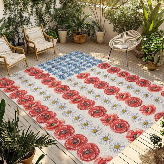Independence Day Outdoor Rug for Patio/Deck/Porch, Non-Slip Large Area Rug 4 x 6 Ft, American Flag Red Blue White Flowers Indoor Outdoor Rugs Washable Area Rugs, Reversible Camping Rug Carpet Runner